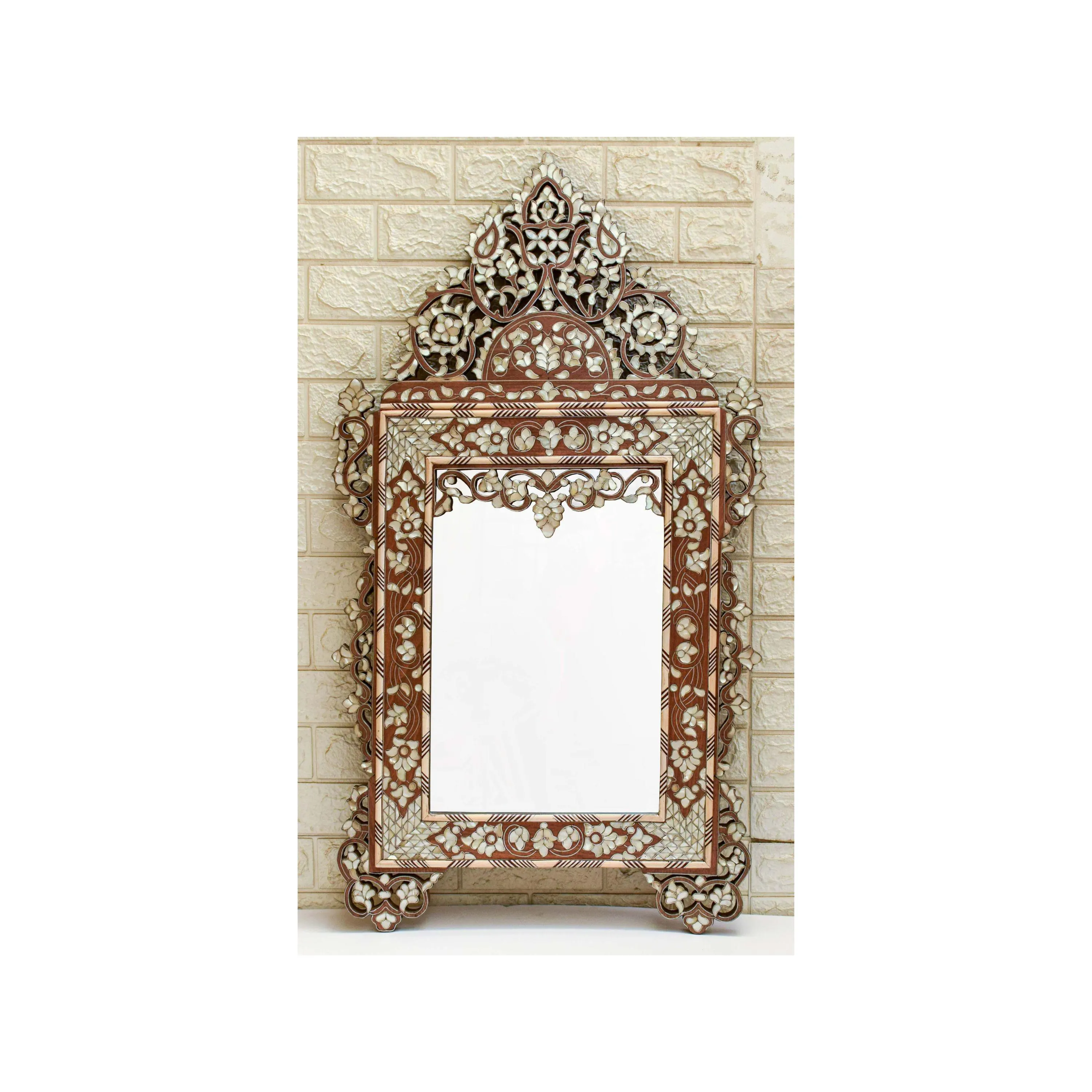 Hand Carved Syrian Mother of Pearl Mirror Frame, Floral Inlay, Middle Eastern Decor (40")