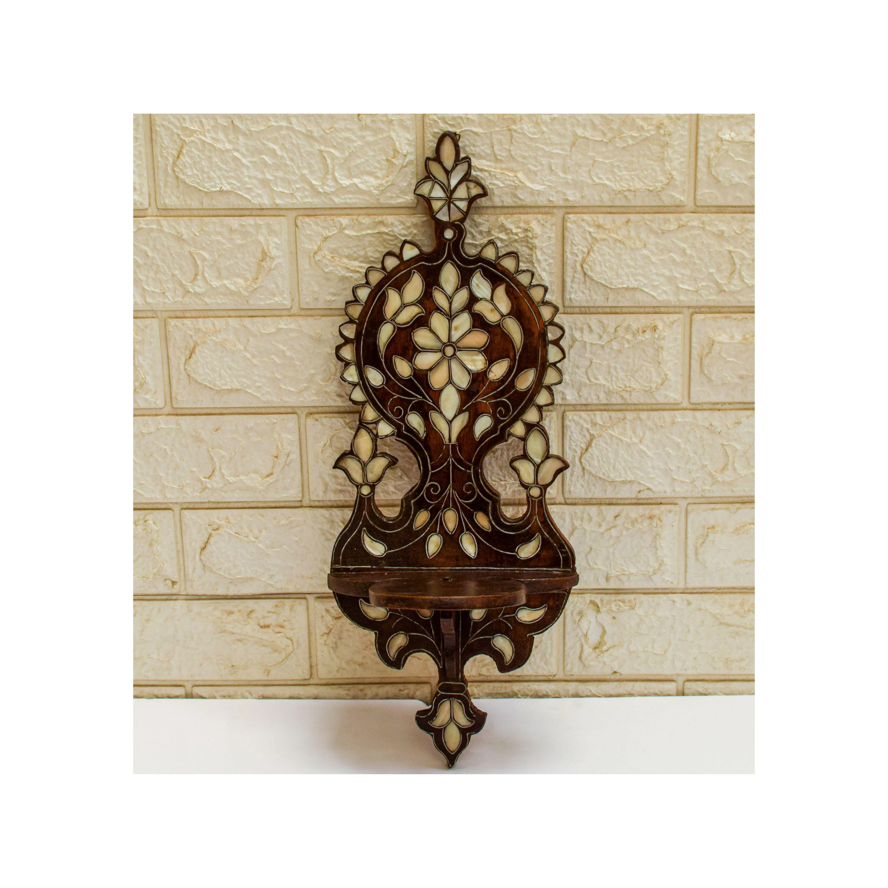 Antique Syrian Wall Shelf, Mother of Pearl Inlay, Handcarved Floral Wood, Damascene Craft