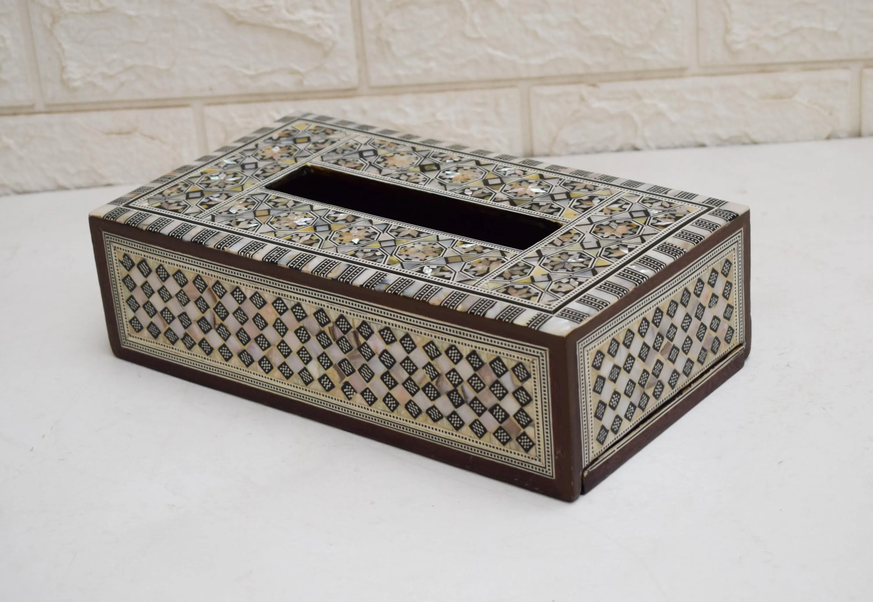 Handmade Egyptian Mother of Pearl Inlaid Wooden Tissue Box Cover #04 - image 5