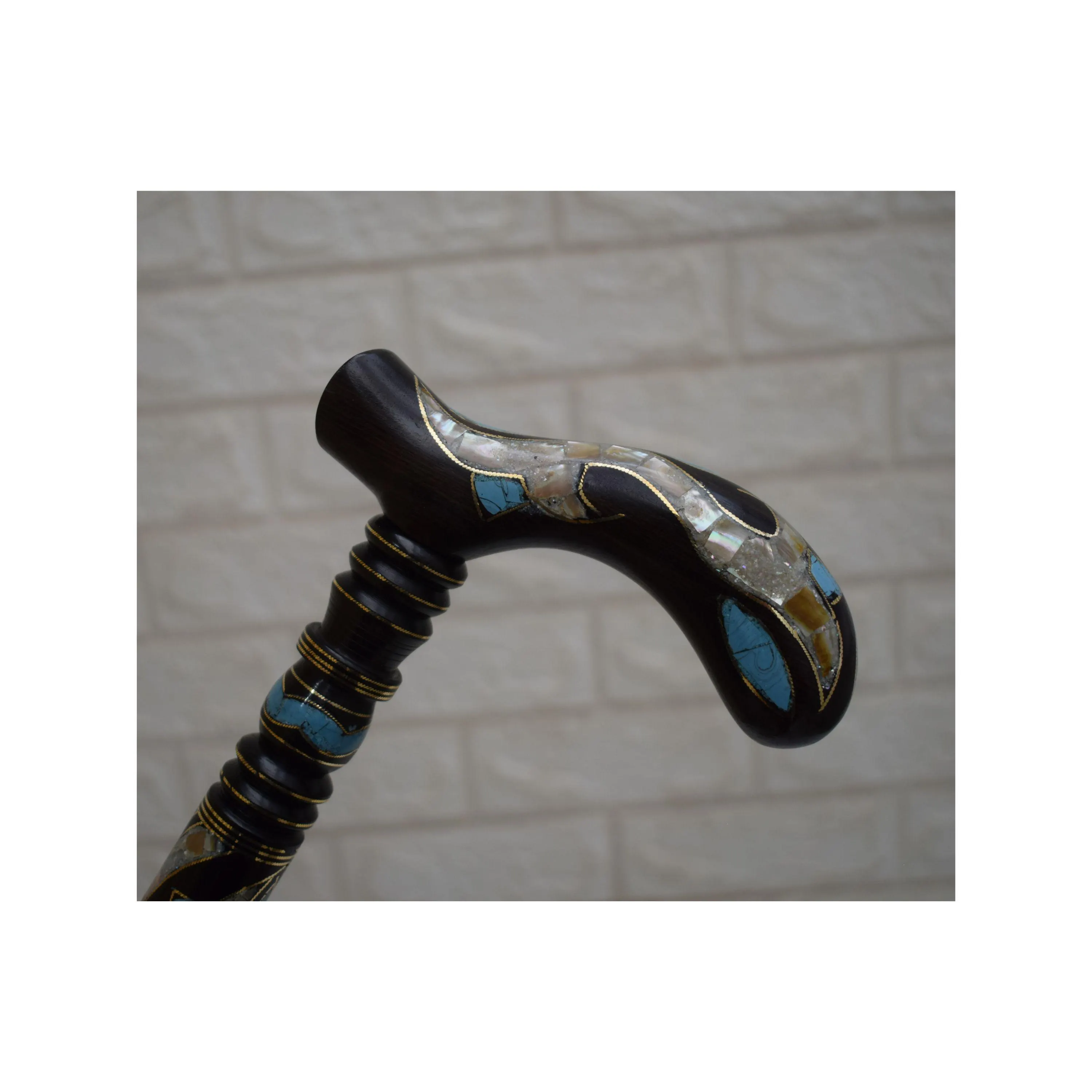 Handcrafted Egyptian Ebony Wood Walking Cane: Turquoise & Mother of Pearl Inlaid Stick (36 inch)
