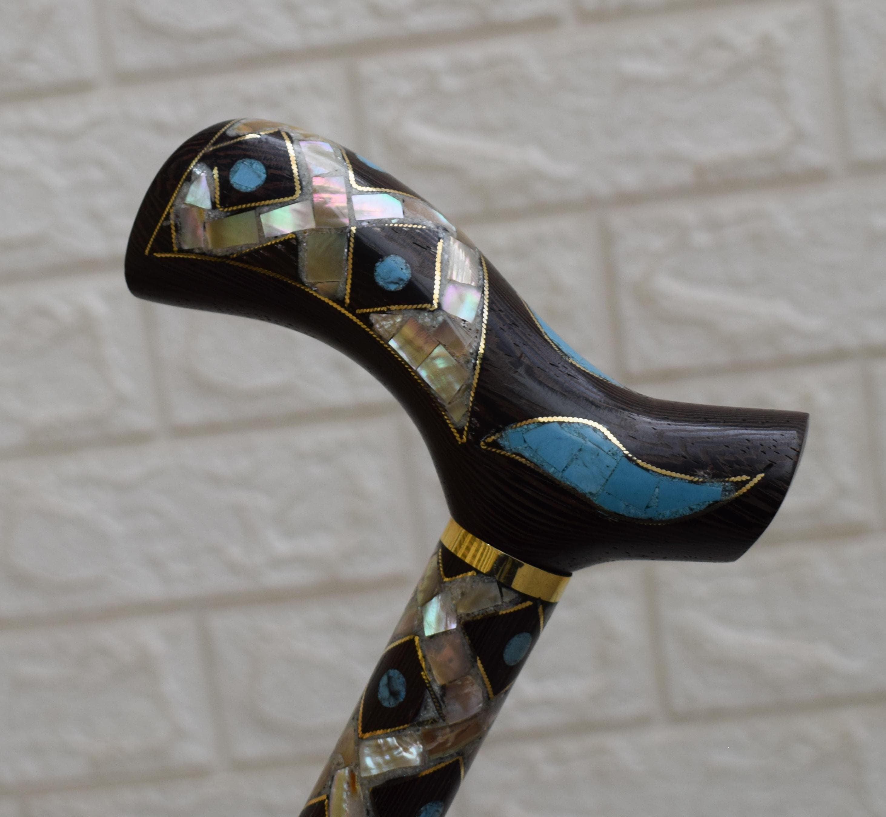 Handmade Egyptian Stick, Turquoise & Mother of Pearl Inlay Wooden Walking Cane (37 inch) - image 4
