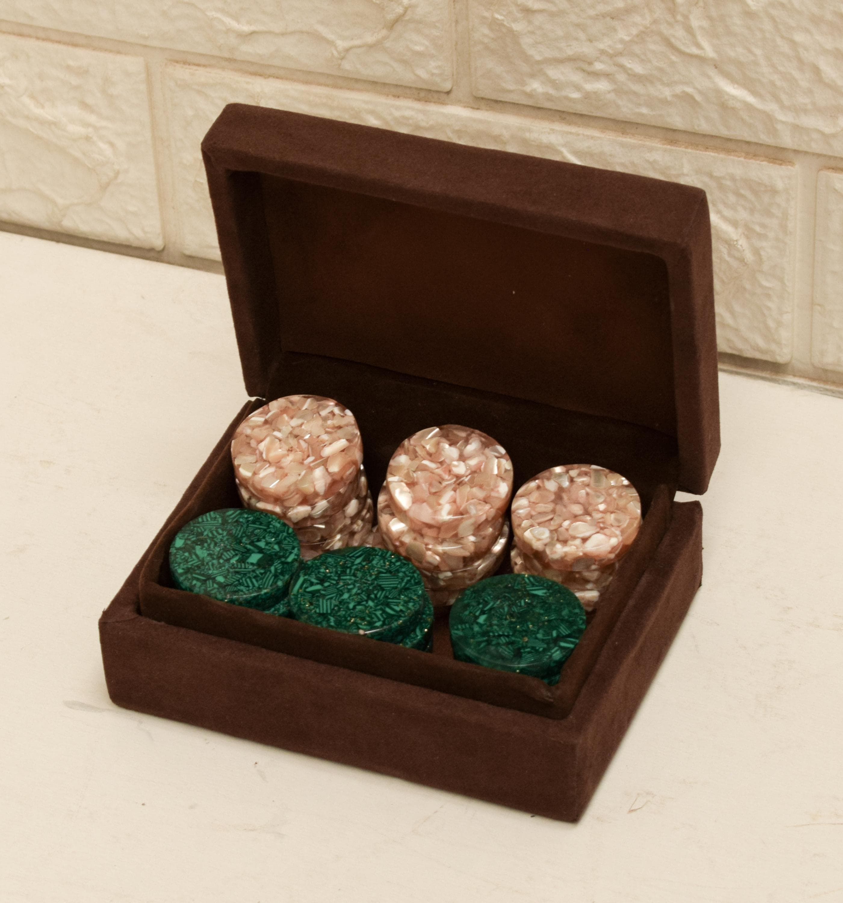 Handmade Mother of Pearl & Malachite Backgammon Chips - Gift Boxed - image 5