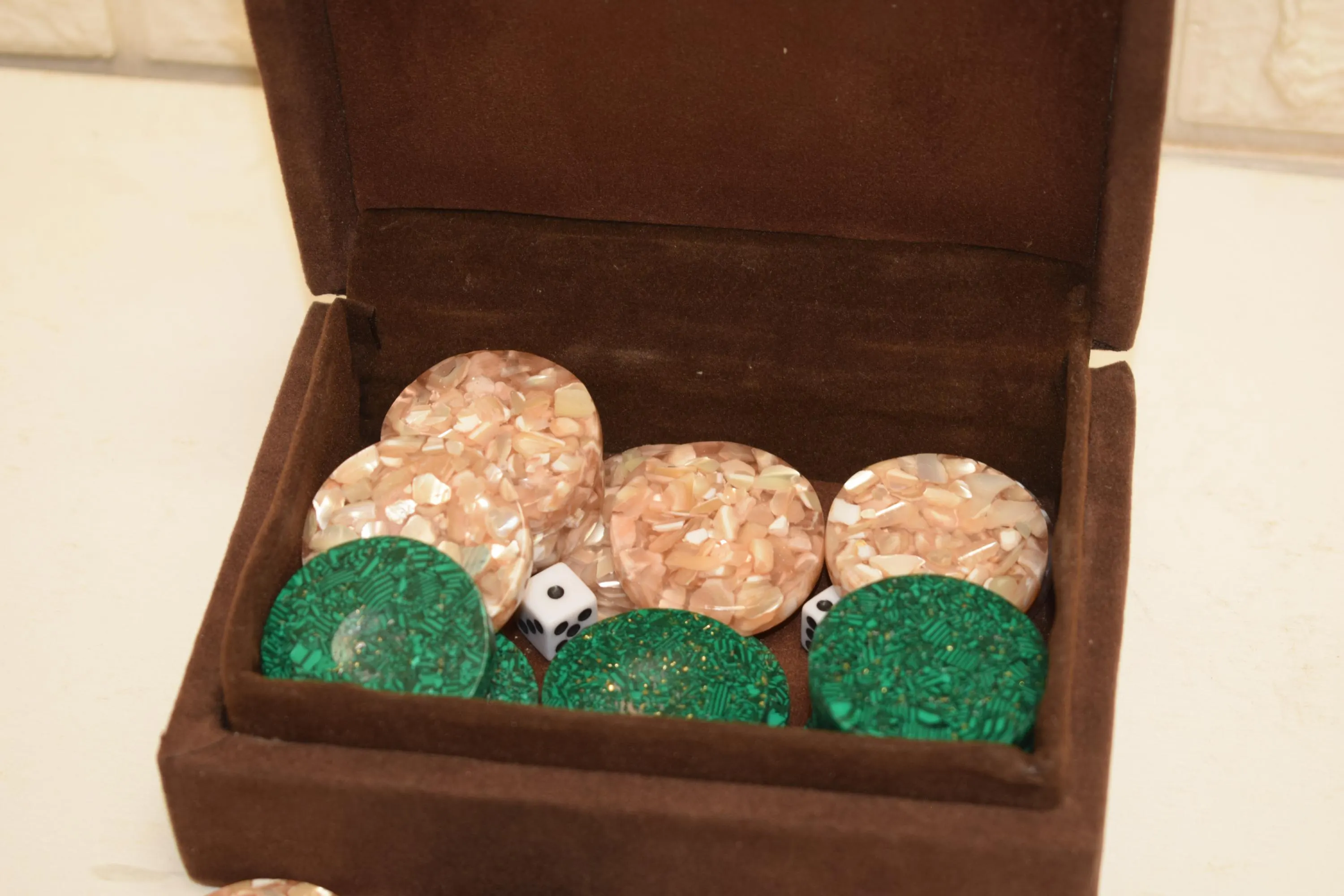 Handmade Mother of Pearl & Malachite Backgammon Chips - Gift Boxed - image 4