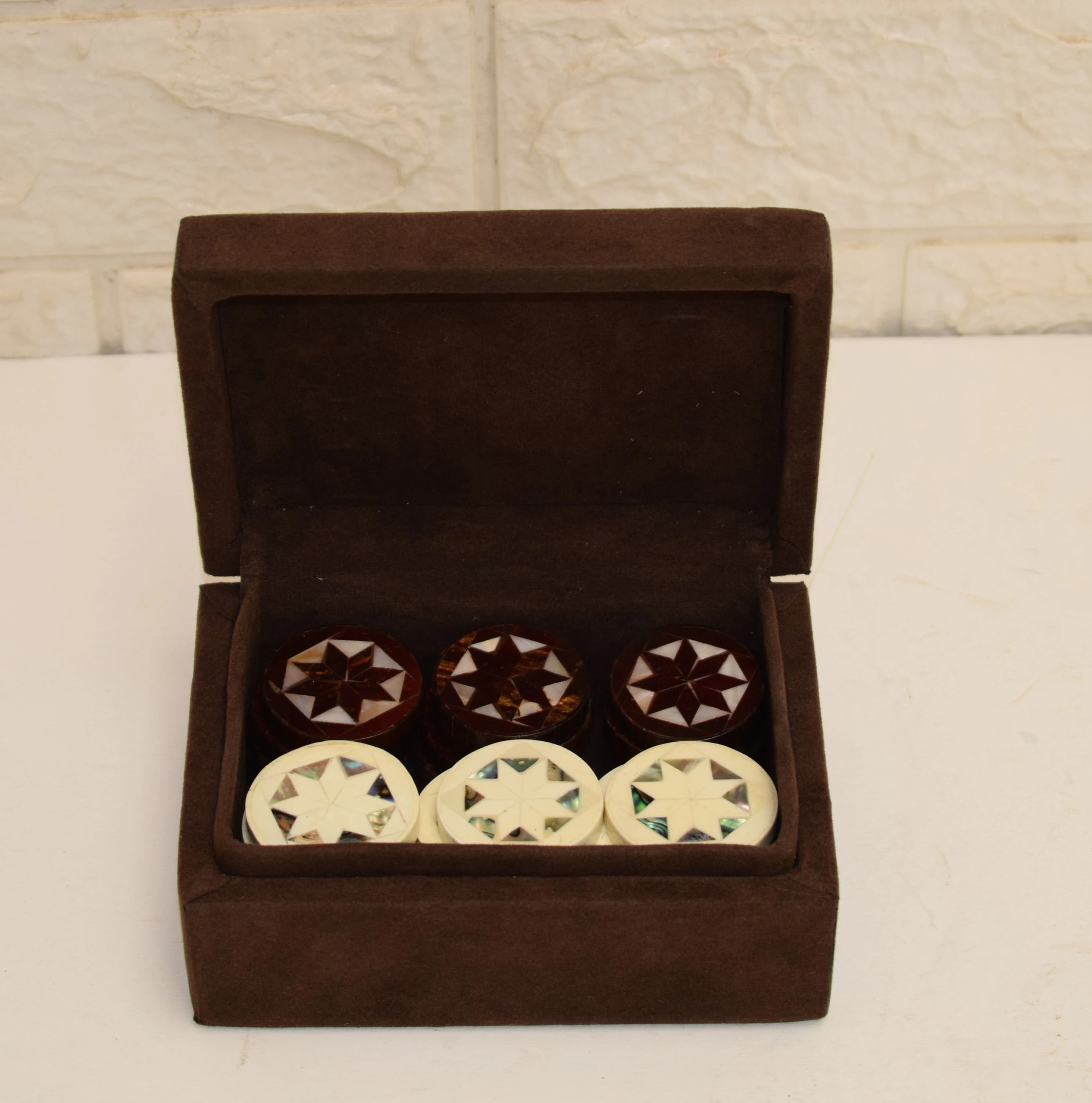 Handmade Egyptian Backgammon Chips: Mother of Pearl Inlay, Velvet Gift Box