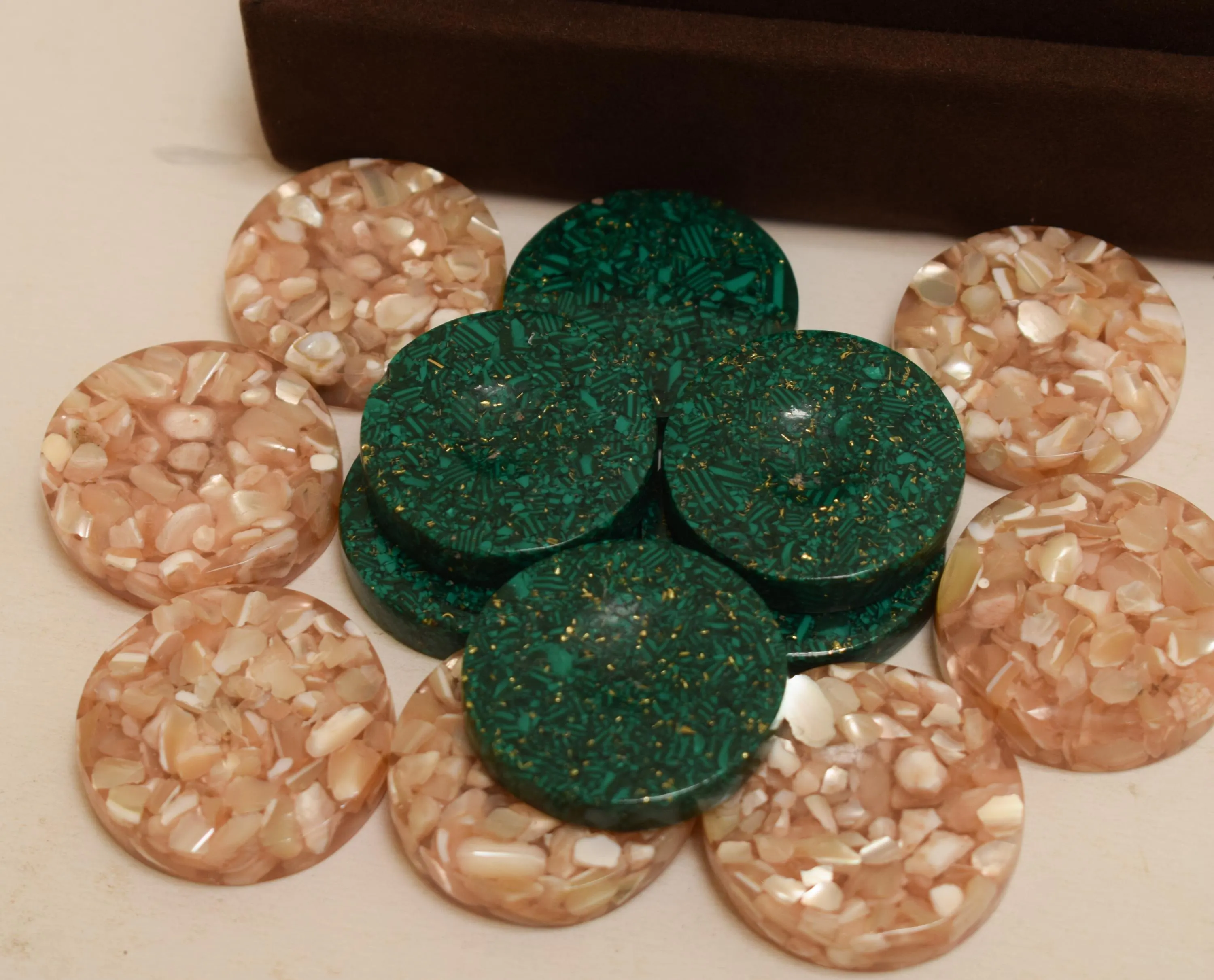 Handmade Mother of Pearl & Malachite Backgammon Chips - Gift Boxed - image 3
