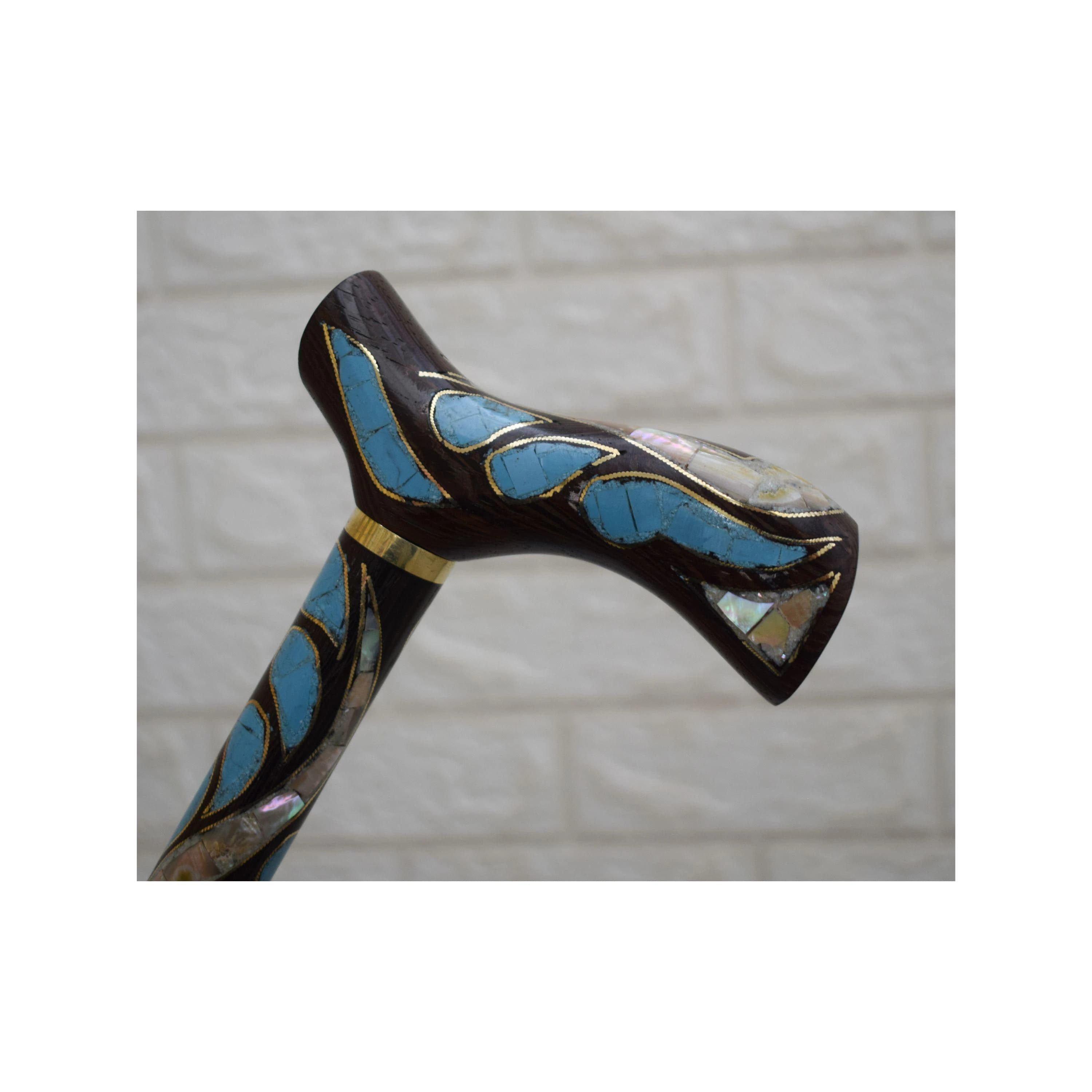 Handcrafted Egyptian Stick, Turquoise & Mother of Pearl Inlay Wooden Walking Cane (37 inch)