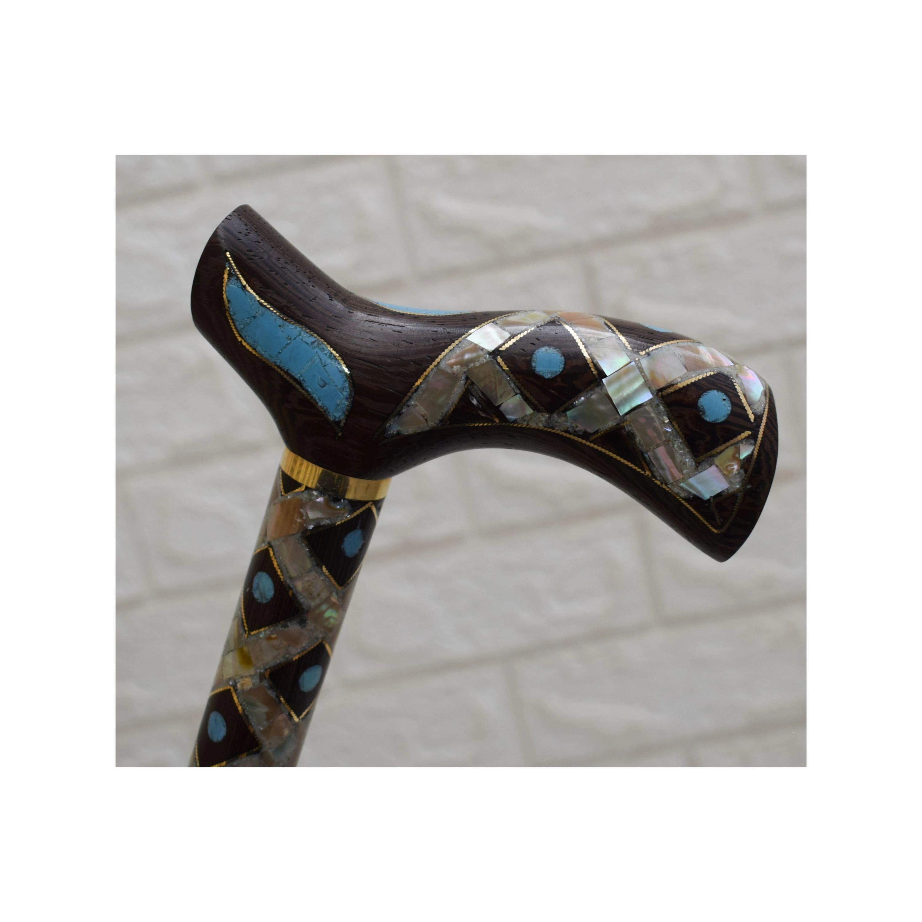 Handmade Egyptian Stick, Turquoise & Mother of Pearl Inlay Wooden Walking Cane (37 inch)