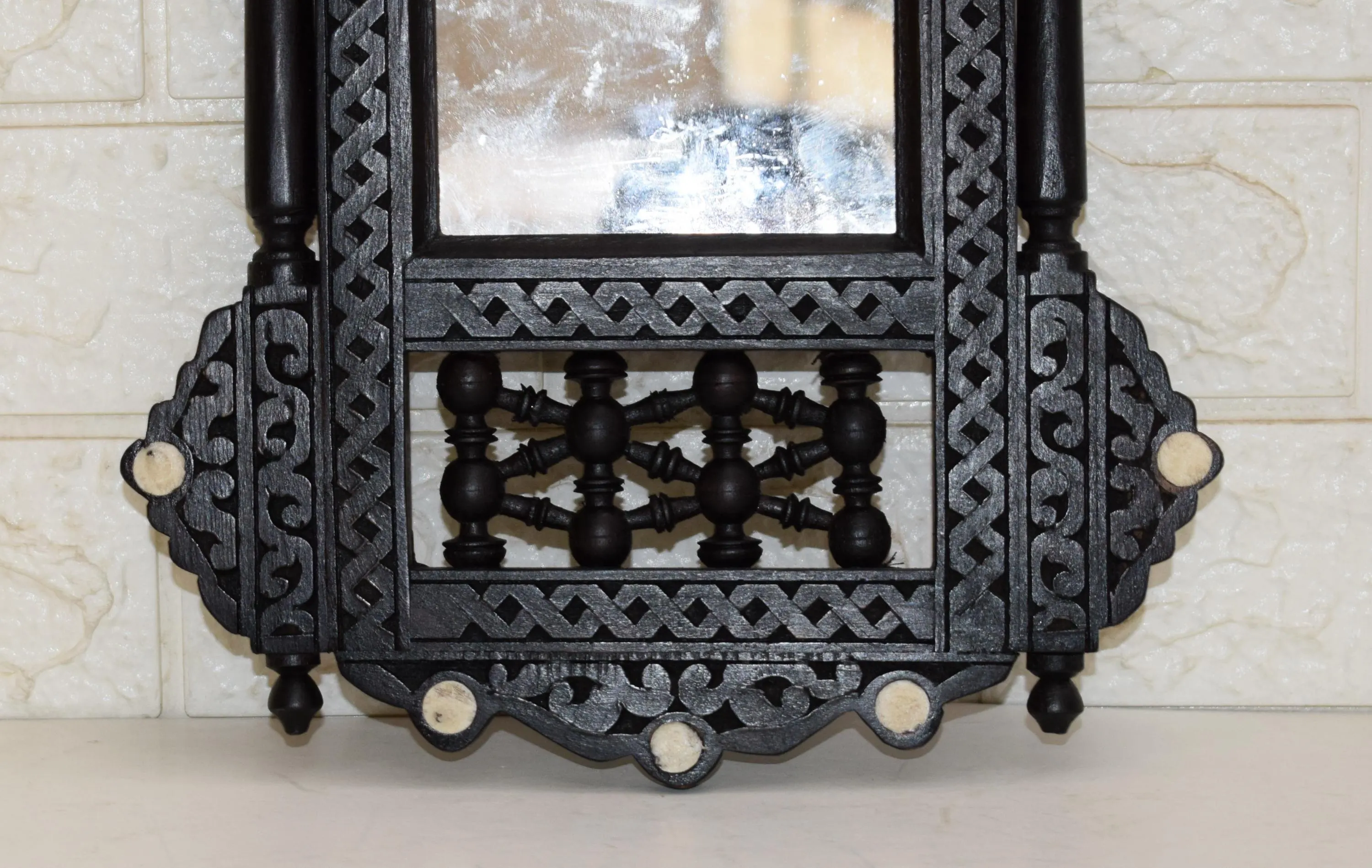Hand Carved Wooden Mirror Frame – Moroccan Mashrabiya Style, Brown Handmade Wall Mirror 18.5" × 10" - image 4