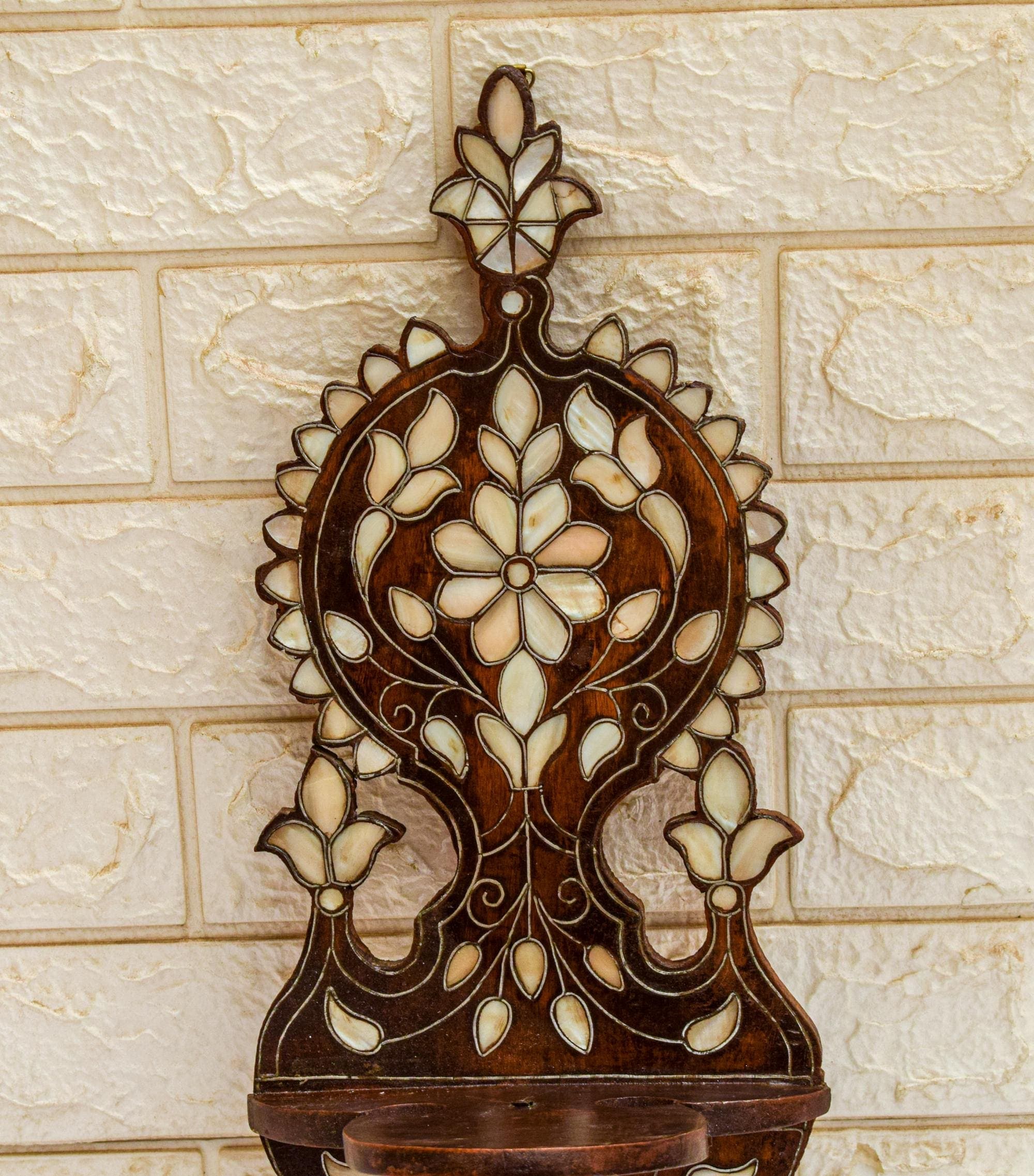 Antique Syrian Wall Shelf, Mother of Pearl Inlay, Handcarved Floral Wood, Damascene Craft - image 4