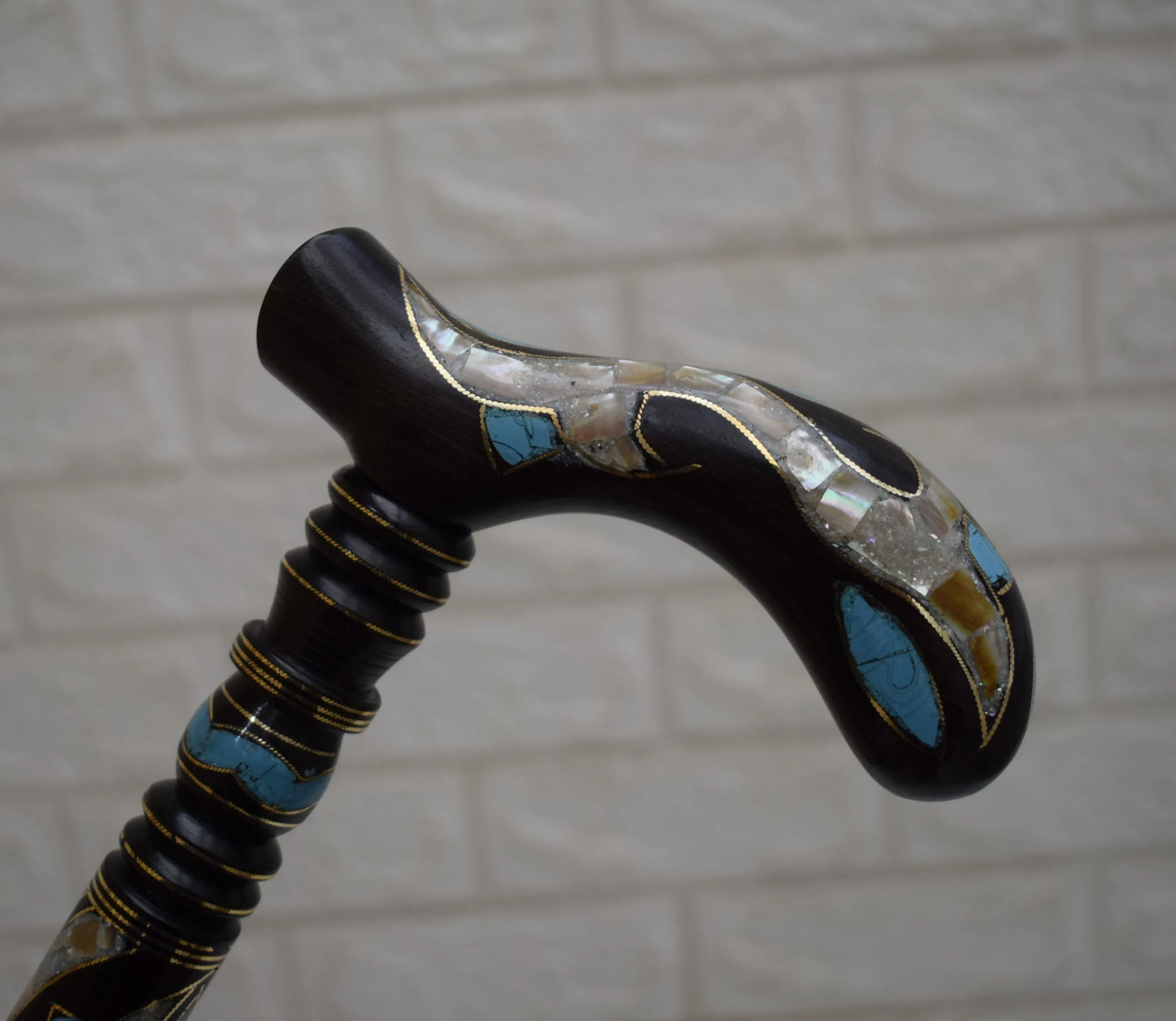 Handcrafted Egyptian Ebony Wood Walking Cane: Turquoise & Mother of Pearl Inlaid Stick (36 inch) - image 3