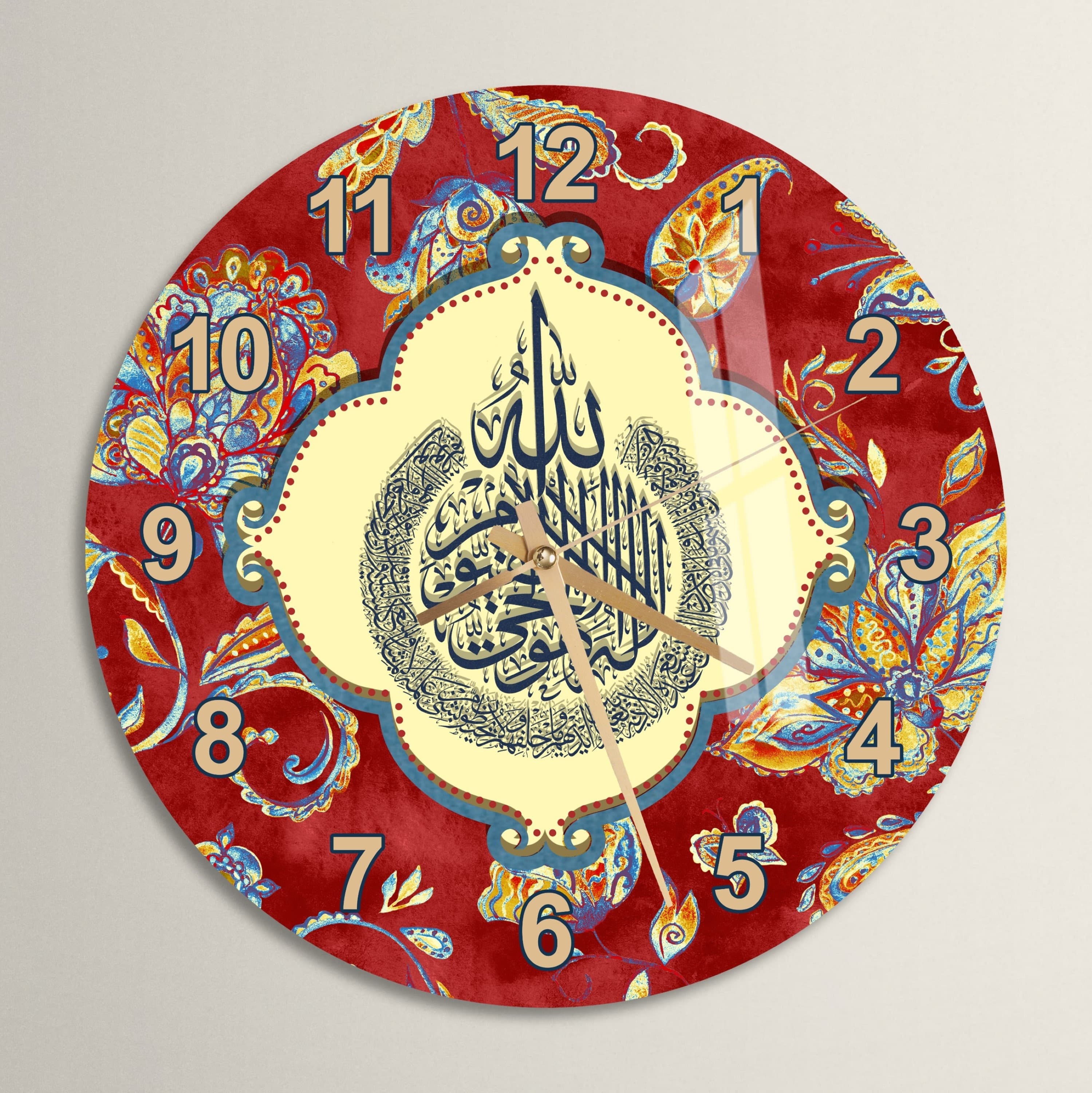 Tempered Glass Ayatul Kursi Islamic Wall Clock, Red Islamic Wall Art Decor, Muslim Home Decoration, Islamic Gifts, Arabic Quran Calligraphy