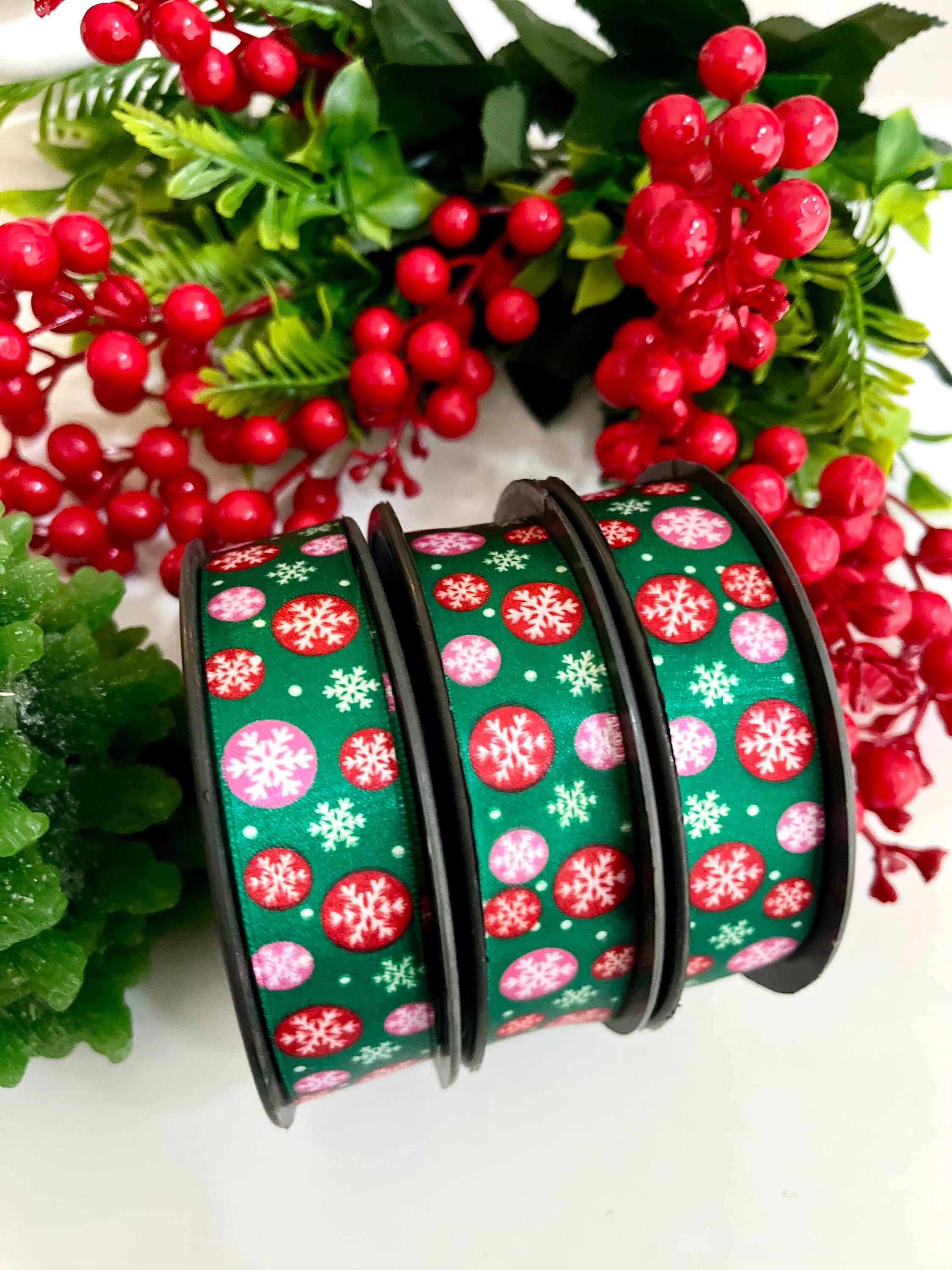 Snowflake Green Ribbon, Solid Satin Ribbon, 3/4 inc 20mm, Christmas Ribbon, Holiday Decor Party Favors, Wholesale Ribbon, Party Decor Ribbon - image 3