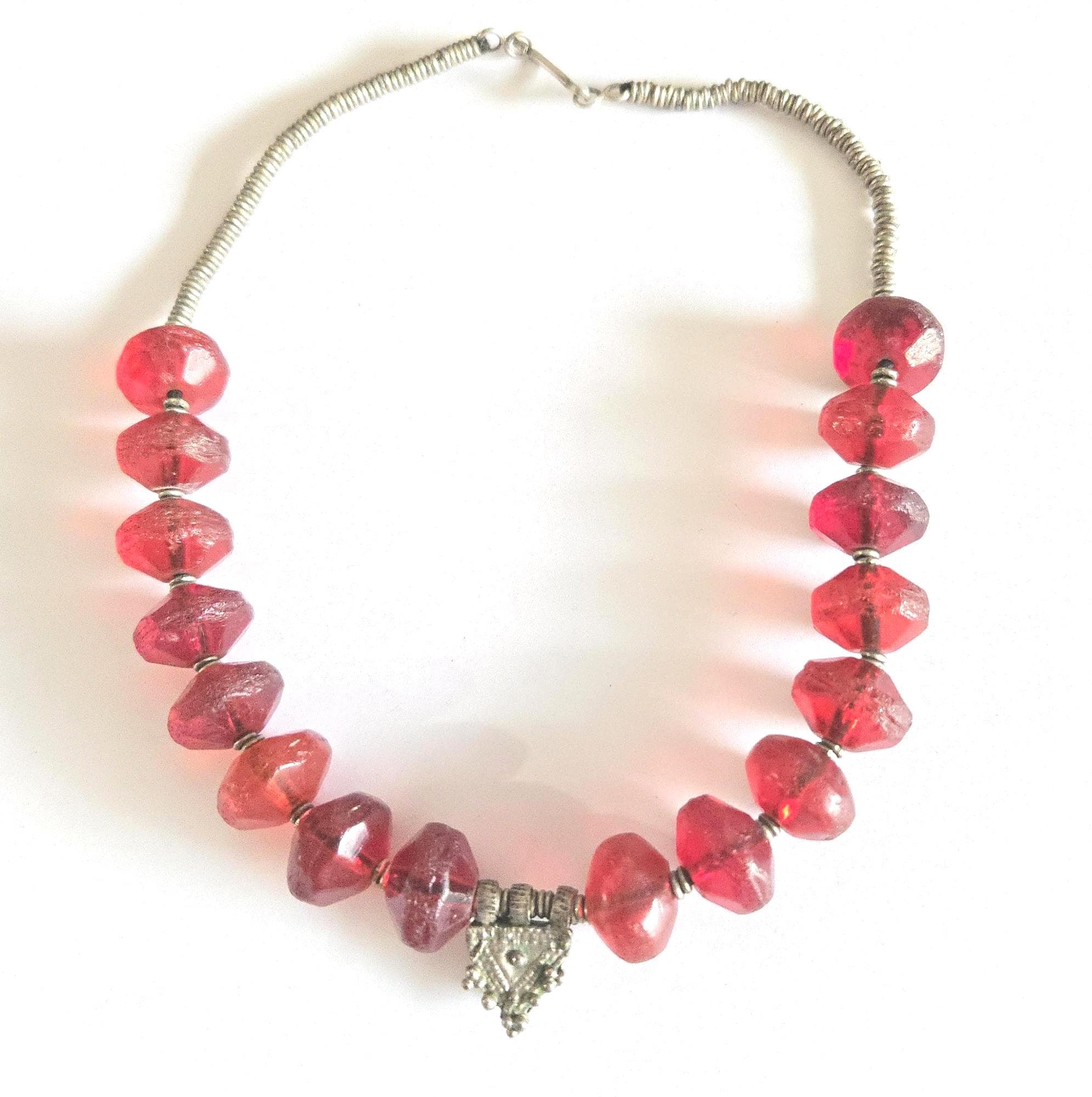 Old Ethiopian Silver Telsum Necklace: Red Vaseline Beads, Amulet Pendant