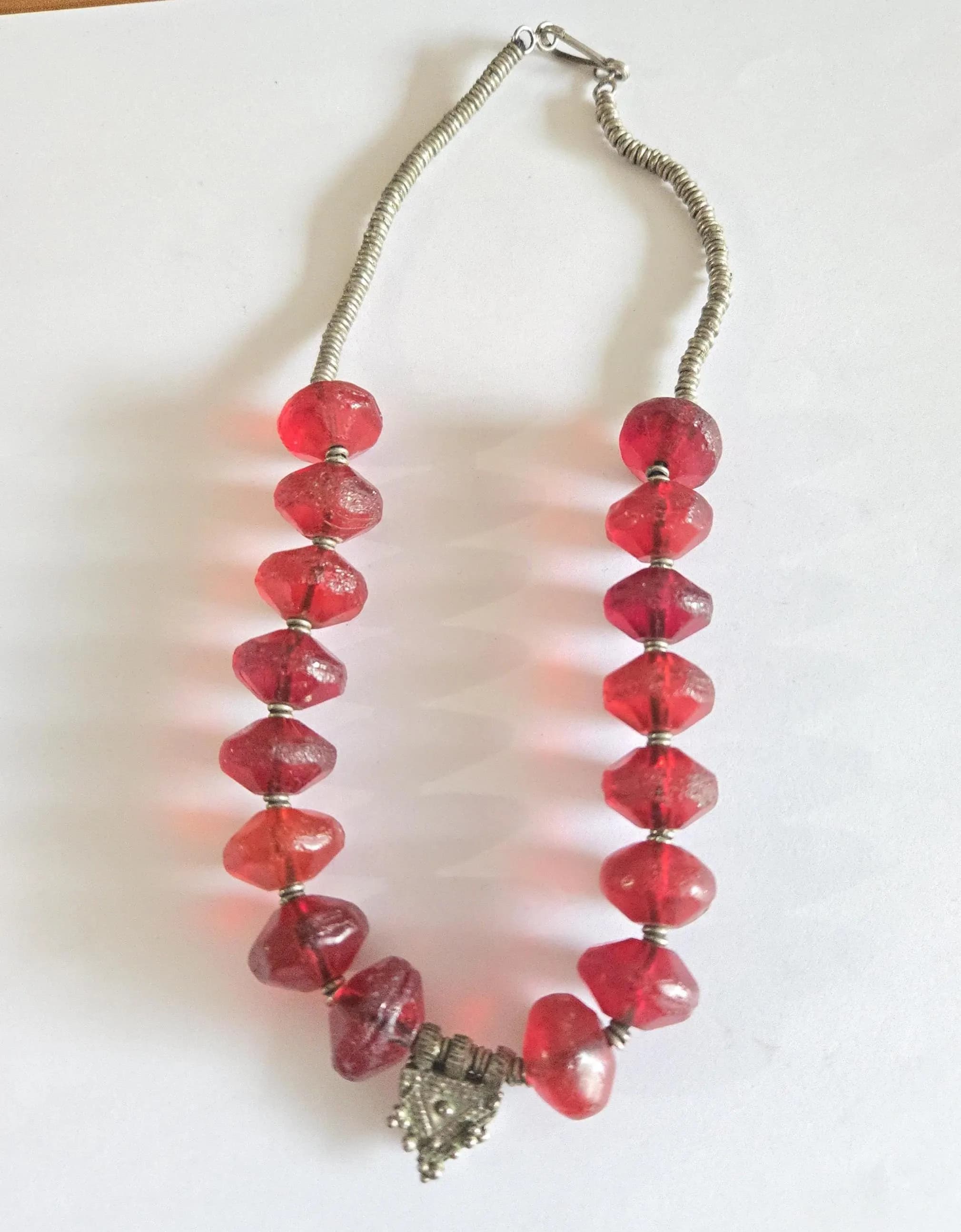 Old Ethiopian Silver Telsum Necklace: Red Vaseline Beads, Amulet Pendant - image 3