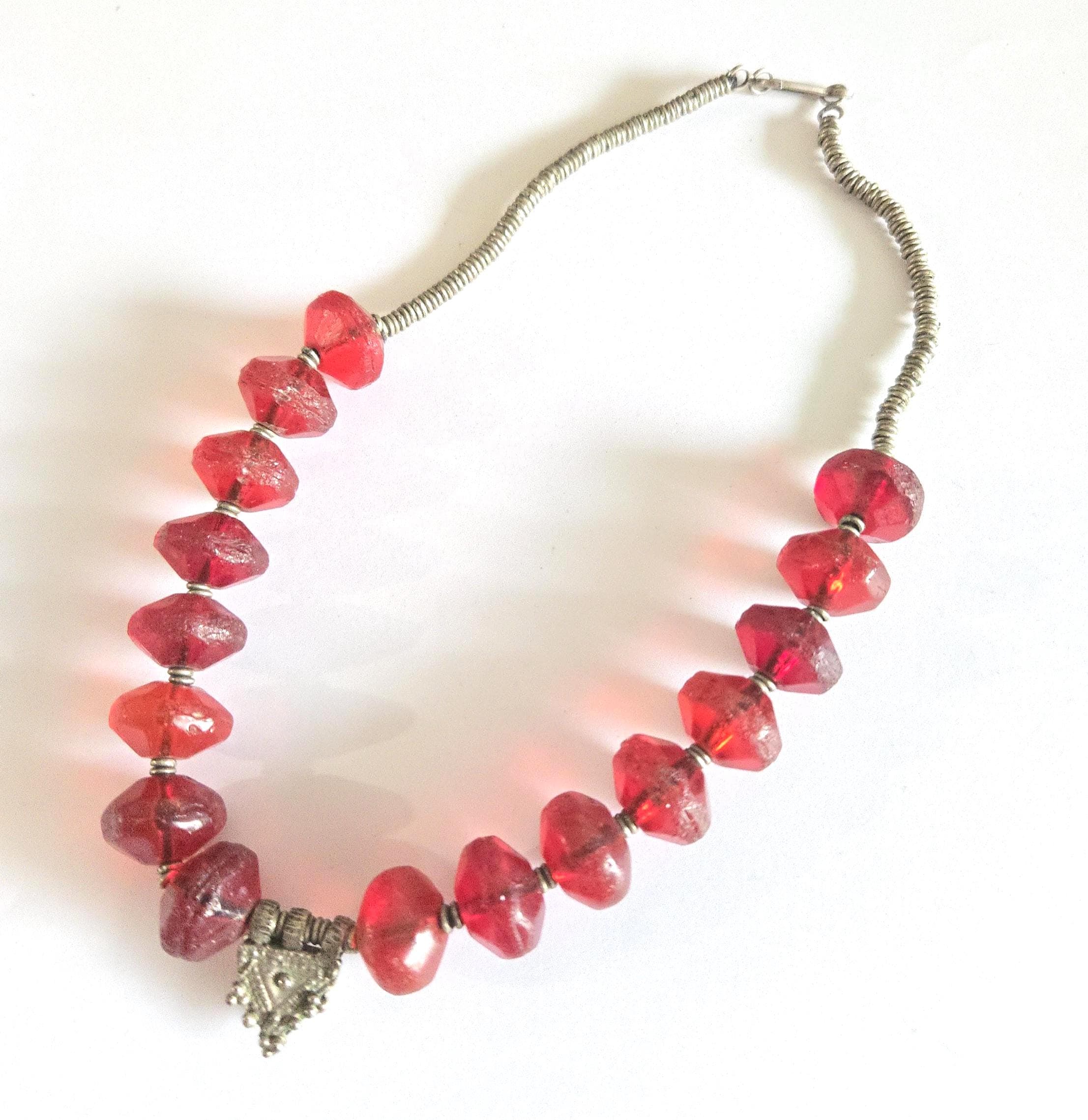 Old Ethiopian Silver Telsum Necklace: Red Vaseline Beads, Amulet Pendant - image 4
