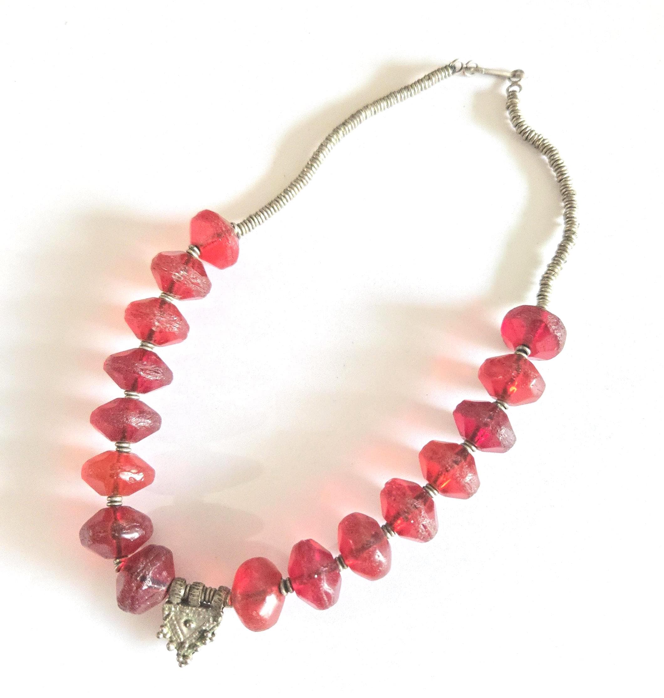 Old Ethiopian Silver Telsum Necklace: Red Vaseline Beads, Amulet Pendant - image 5