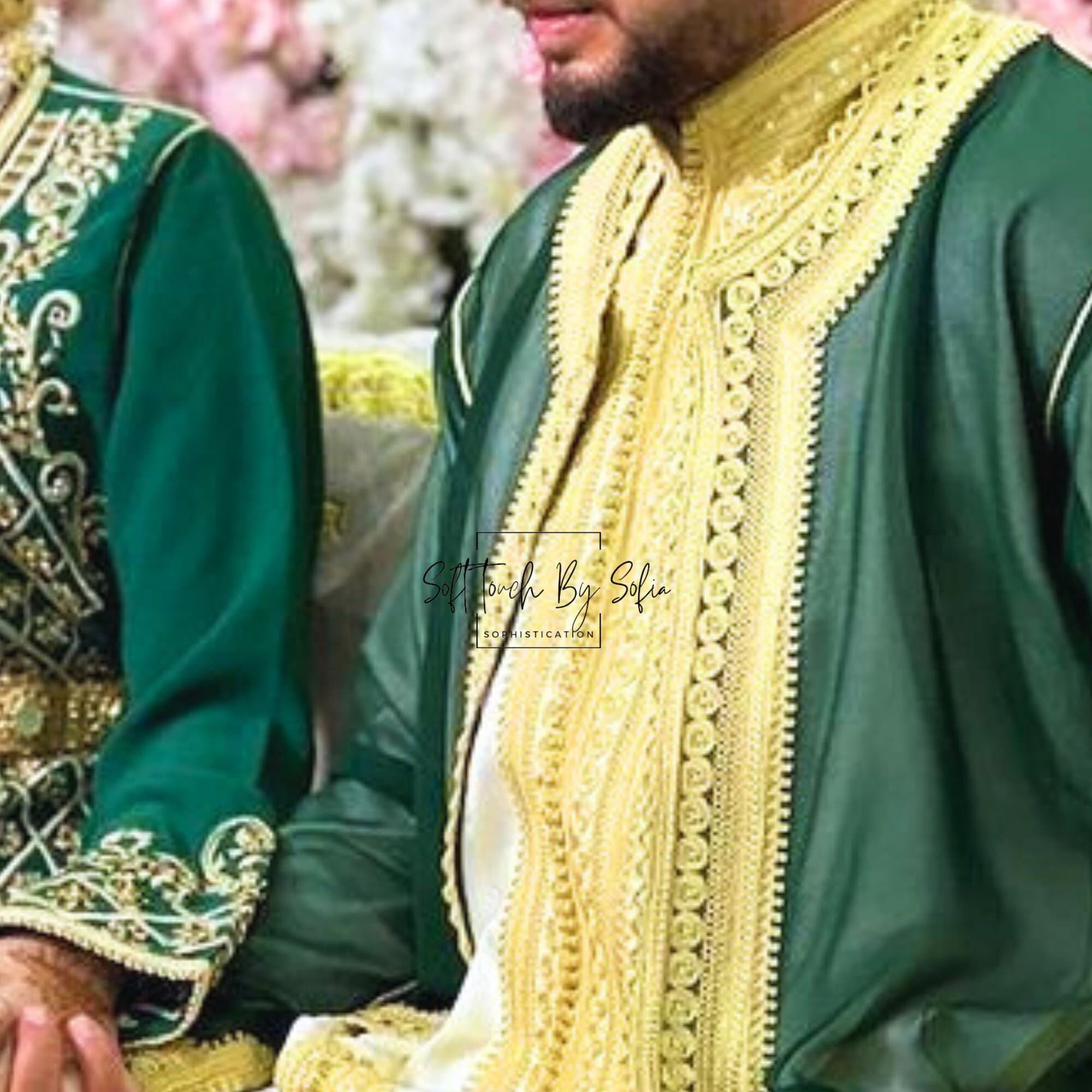 Moroccan jabador  ,Mens wedding kaftan ,Nikkah thobe-Green and Gold