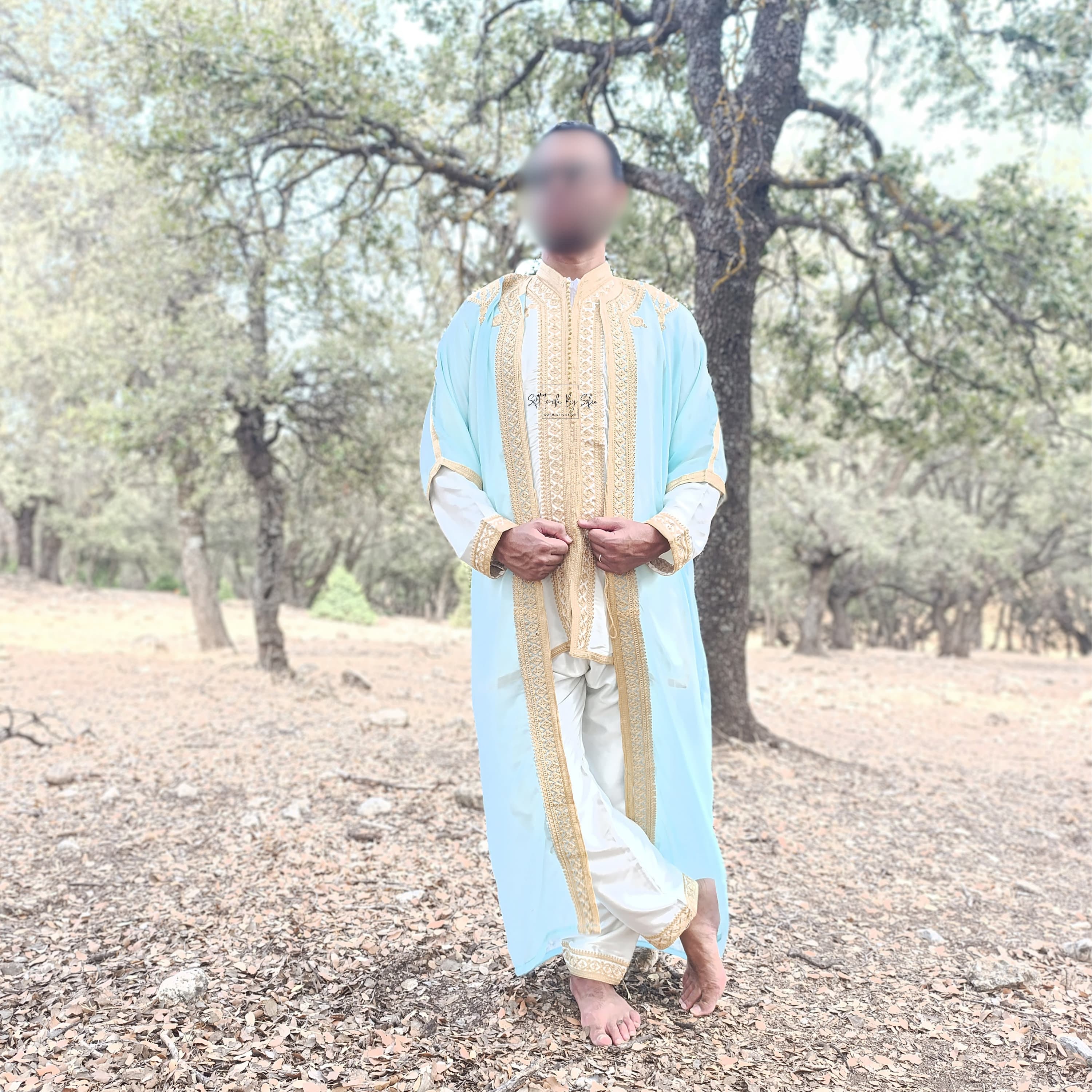 jabador ,Moroccan kaftan men, groom outfit,3 pieces set for wedding-aqua & Gold - image 4