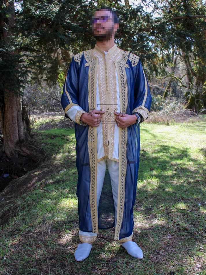 Navy Blue & Gold Moroccan Jabador - Elegant 3-Piece Groom Set for Wedding - image 5