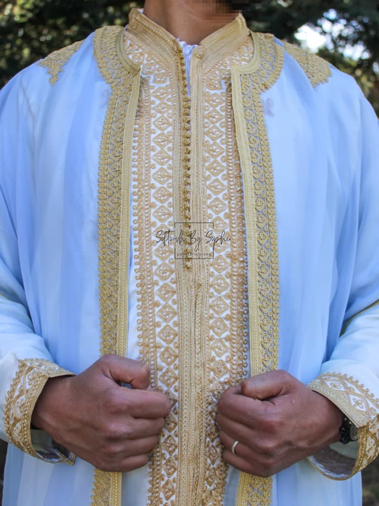Jabador men , moroccan kaftan for wedding, nikkah outfit-Blue sky & Gold - image 4