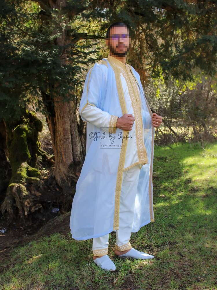 Jabador men , moroccan kaftan for wedding, nikkah outfit-Blue sky & Gold - image 5