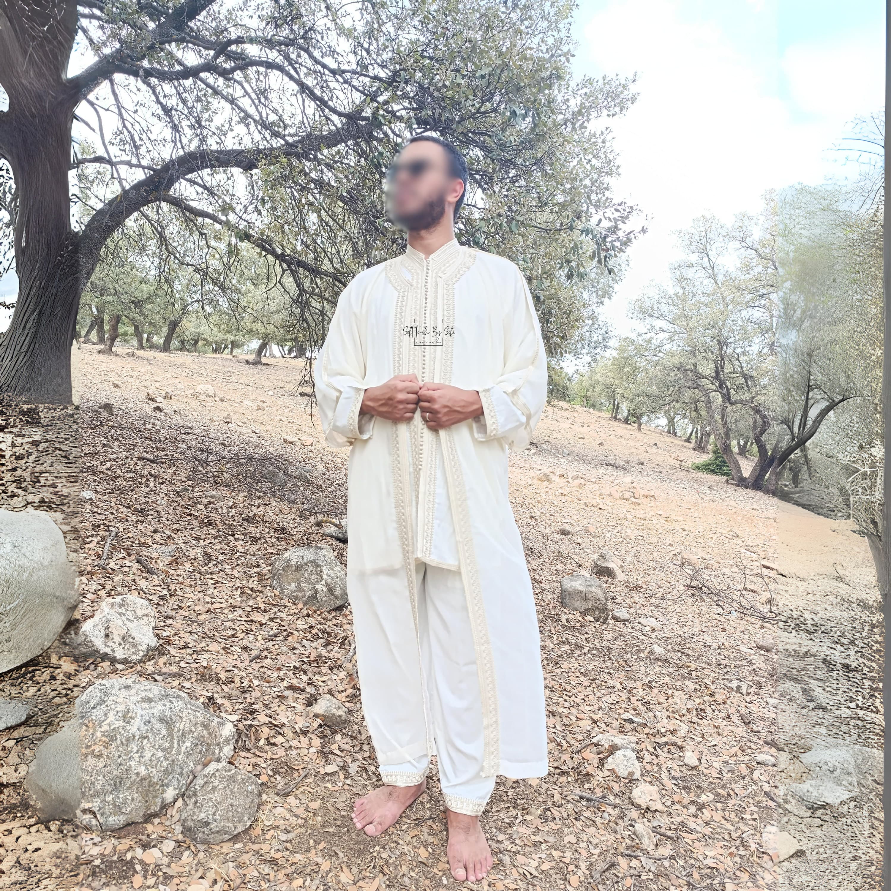 Embroidered Beige Moroccan Jabador - Traditional 3-Piece Men's Wedding Kaftan and Groom Outfit - image 5