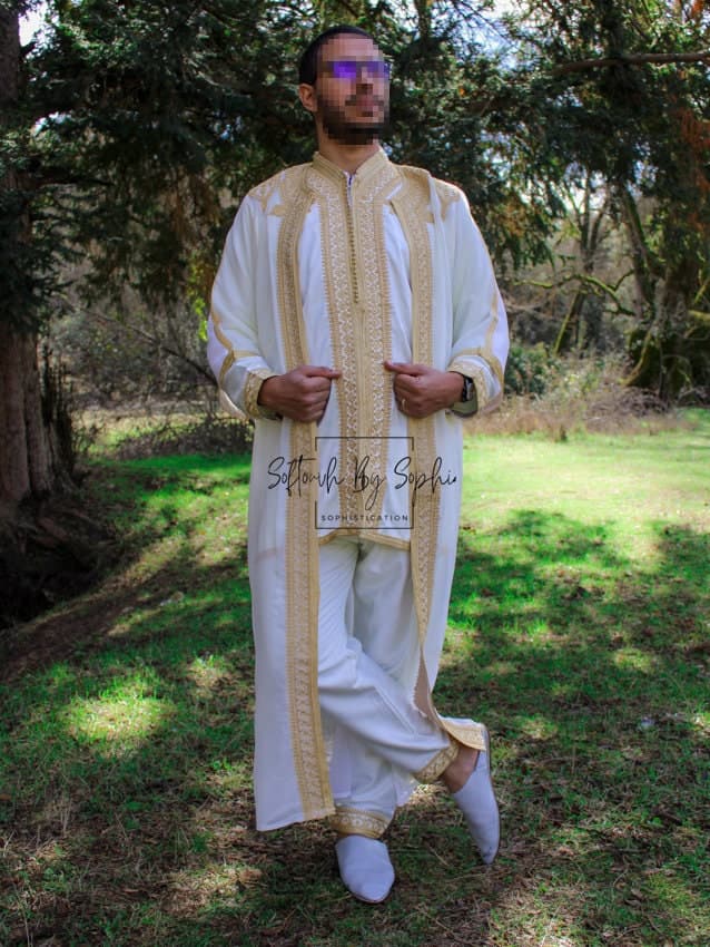 Jabador, wedding outfit for men, 3 pieces Moroccan  kaftan for nikkah-white & Gold - image 4