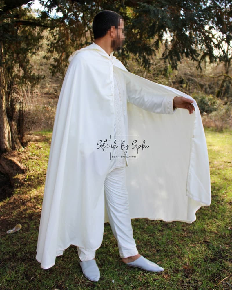 White Linen Selham with Hood - Traditional Burnous Cloak and Pure Linen Cape for Men - image 3