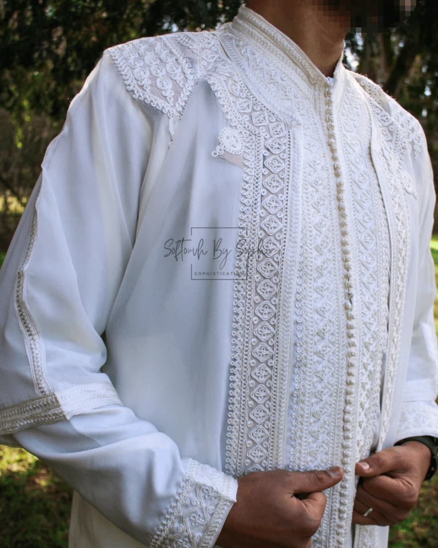 Jabador men ,nikkah outfit for groom, Full length moroccan kaftan for wedding -  white - image 3