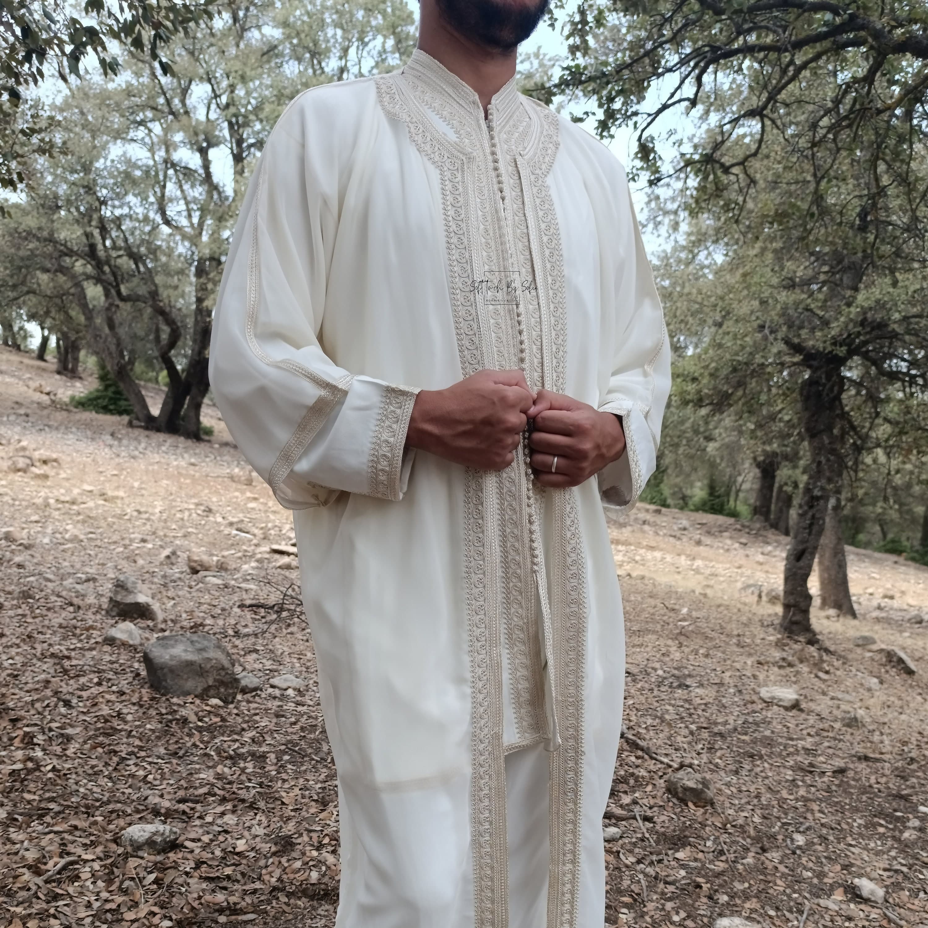 Embroidered Beige Moroccan Jabador - Traditional 3-Piece Men's Wedding Kaftan and Groom Outfit - image 4
