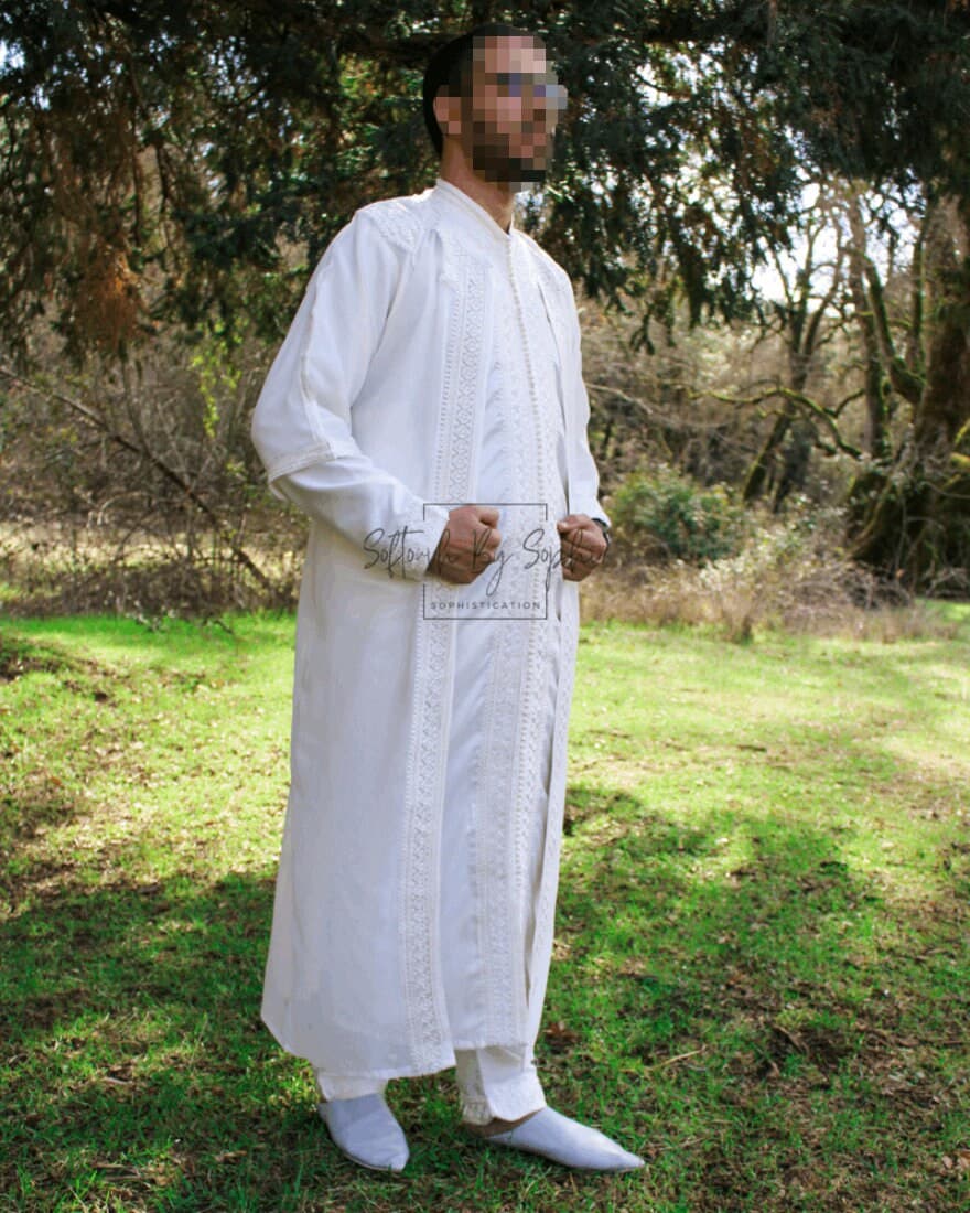 Jabador men ,nikkah outfit for groom, Full length moroccan kaftan for wedding -  white - image 4