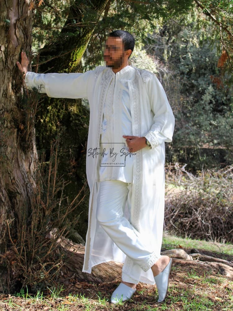 jabador  ,Mens wedding kaftan,3 piece groom outfit-white - image 3