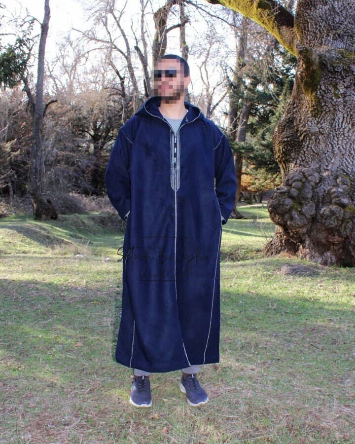 winter Moroccan thobe, wool djellaba men , hooded thobe-NAVY BLUE