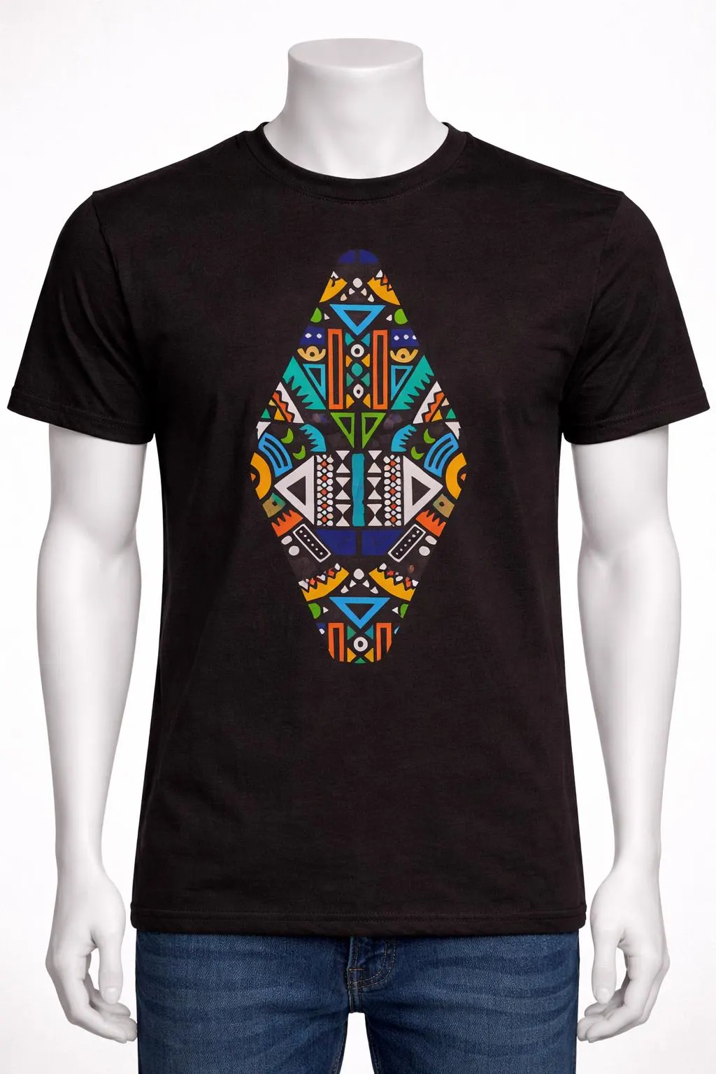 Tribal Black Cotton T-Shirt | Afro Ethnic Geometric Print, Unisex Fit XL