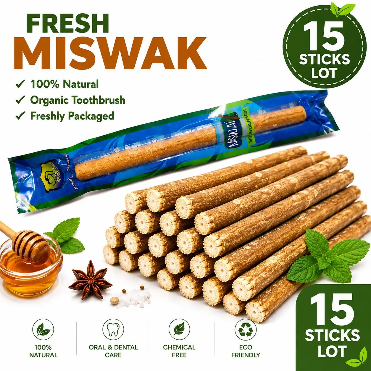 15 Pack Natural Miswak Sticks - Organic Sewak Toothbrush Chew Sticks for Teeth Whitening & Fresh Breath - Eco-Friendly Vacuum Sealed Lot