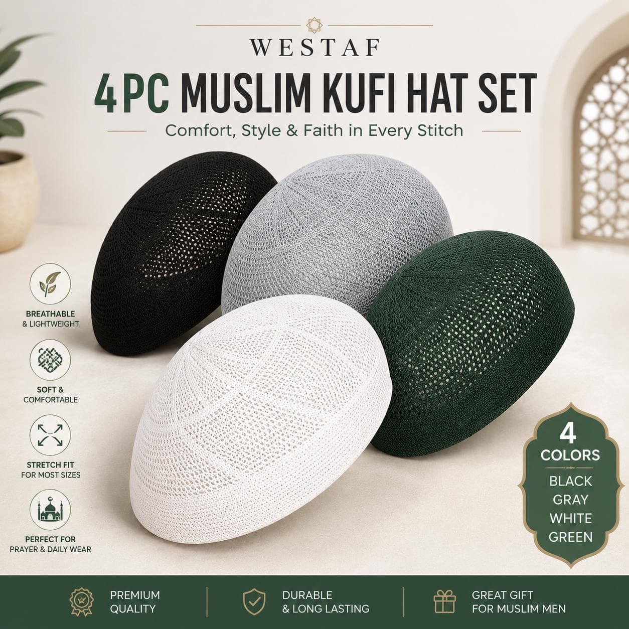 4PC Kufi Hats Knitting Caps  Topi, Muslim Payer Cap, Men Kufis, skull Cap Knit Hat - image 2