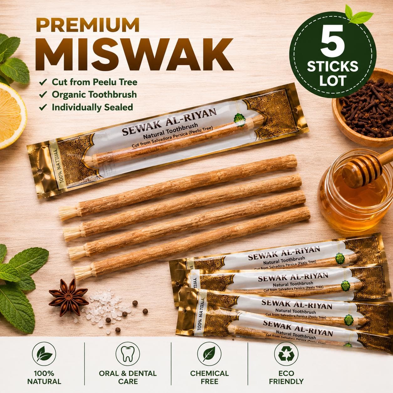 5 Pcs Natural Organic Miswak, Traditional Sewak Toothbrush Stick, Halal Sunnah Islamic Gift, Chemical Fluoride Free Oral Care, Fresh Breath