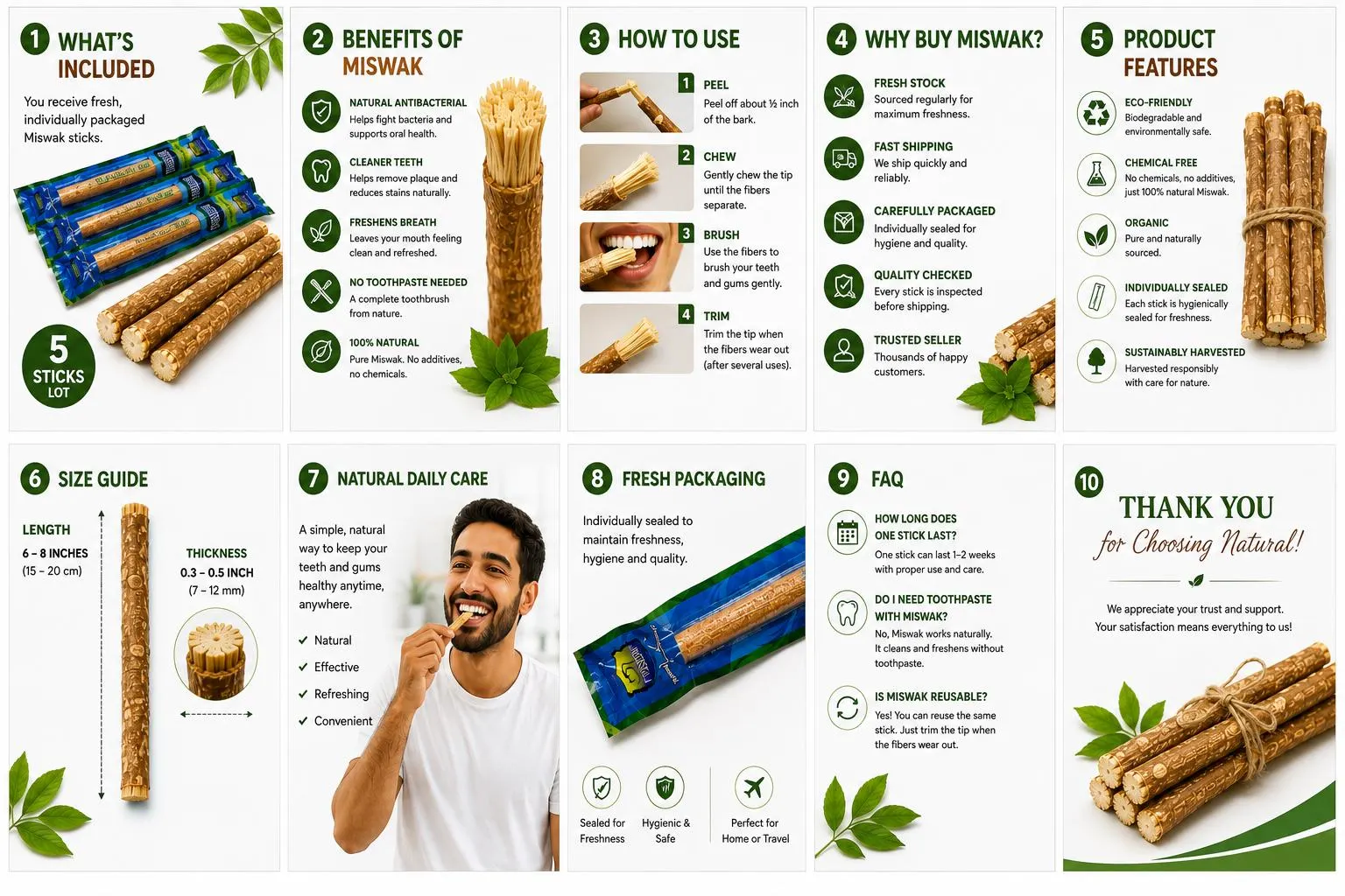 15 Pack Natural Miswak Sticks - Organic Sewak Toothbrush Chew Sticks for Teeth Whitening & Fresh Breath - Eco-Friendly Vacuum Sealed Lot - image 5