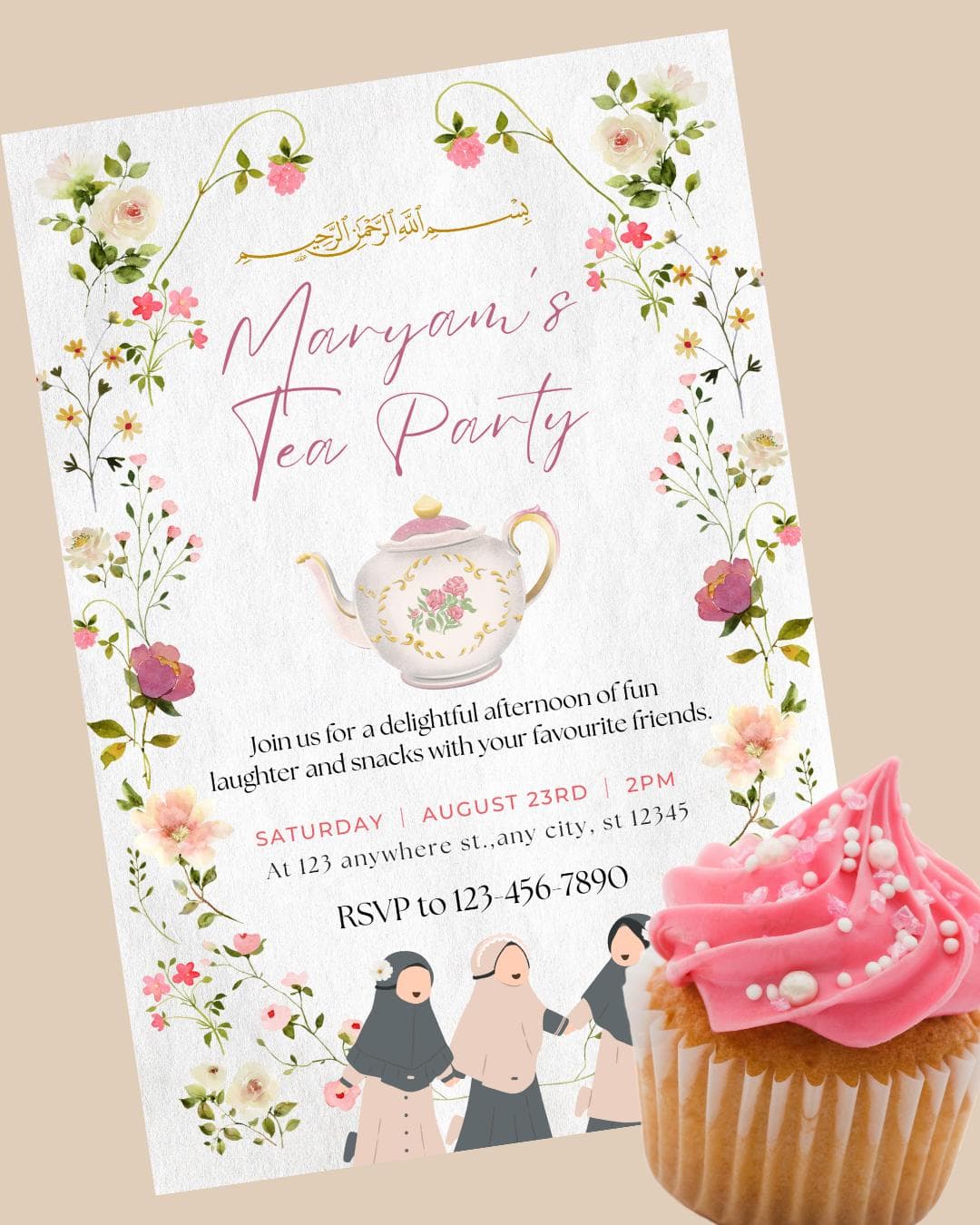 Little Muslimah Tea Party Invitation: Floral Design (Digital File)