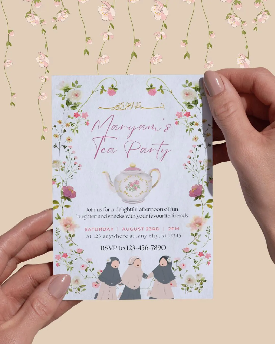 Little Muslimah Tea Party Invitation: Floral Design (Digital File) - image 2
