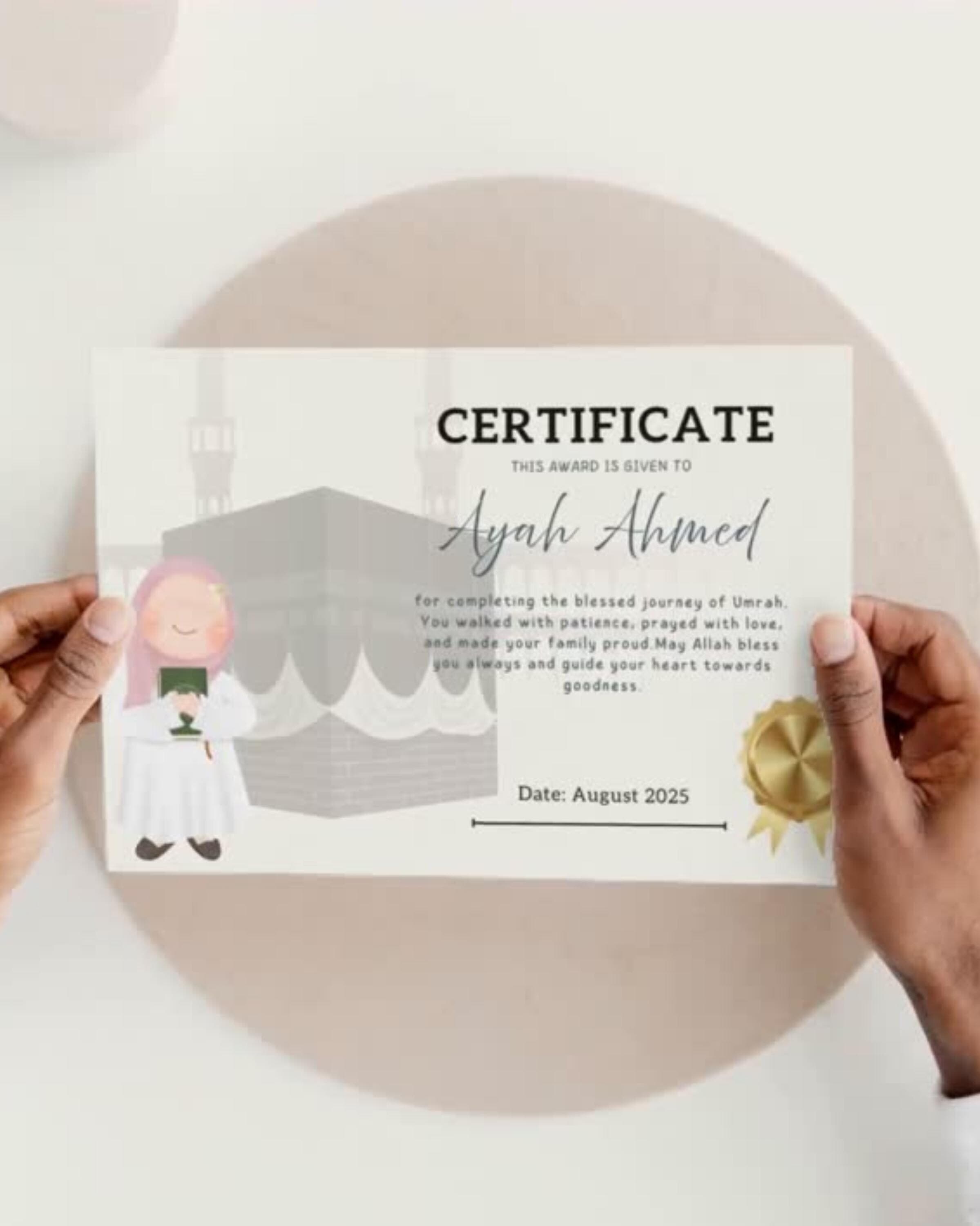 Personalized Child's Umrah Certificate: Islamic Pilgrimage Milestone (Digital Download)