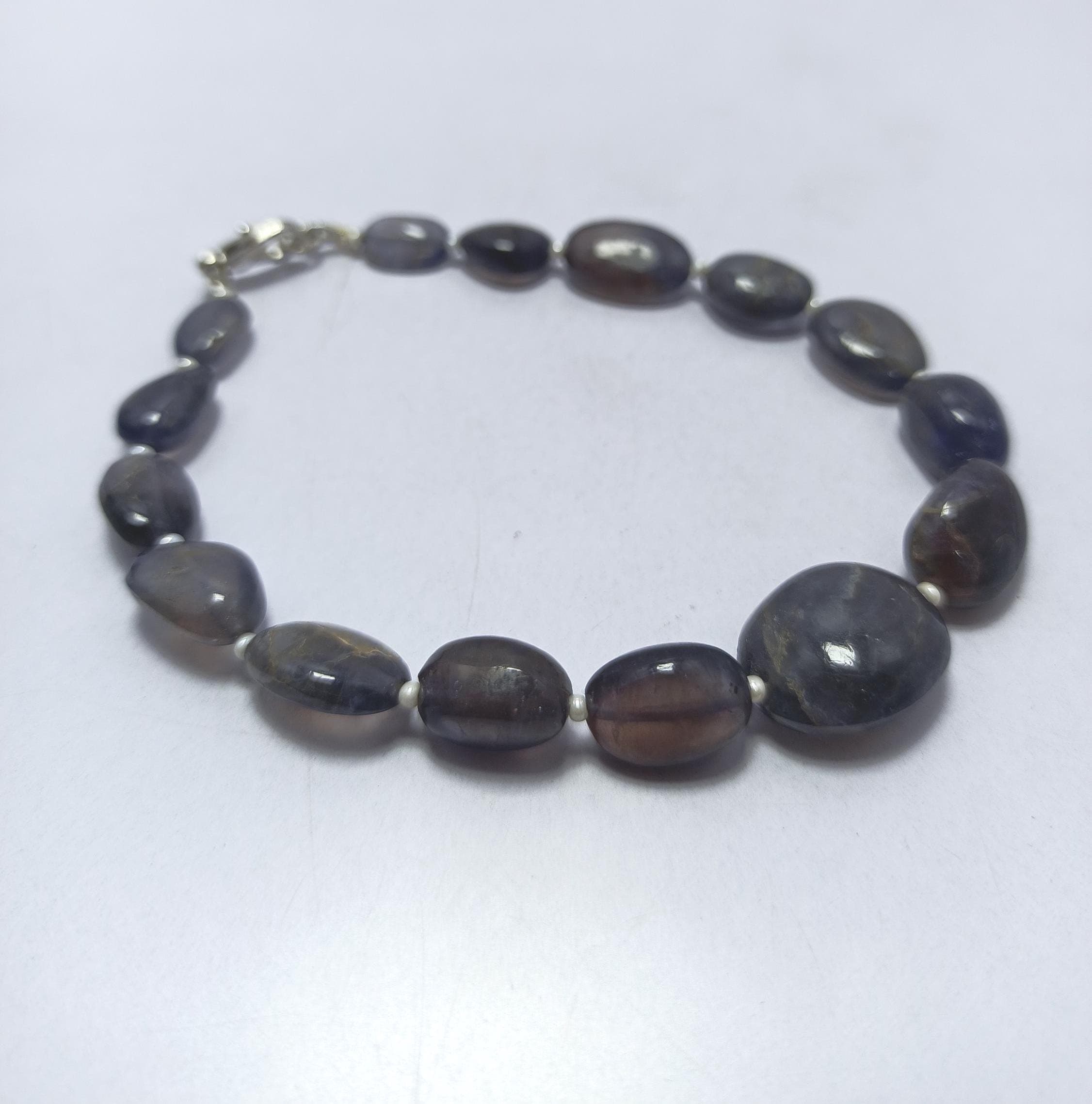 Natural Blue Iolite Smooth Mani Beads Bracelet With 925 Sterling Silver Lock Healing Jewelry - image 3