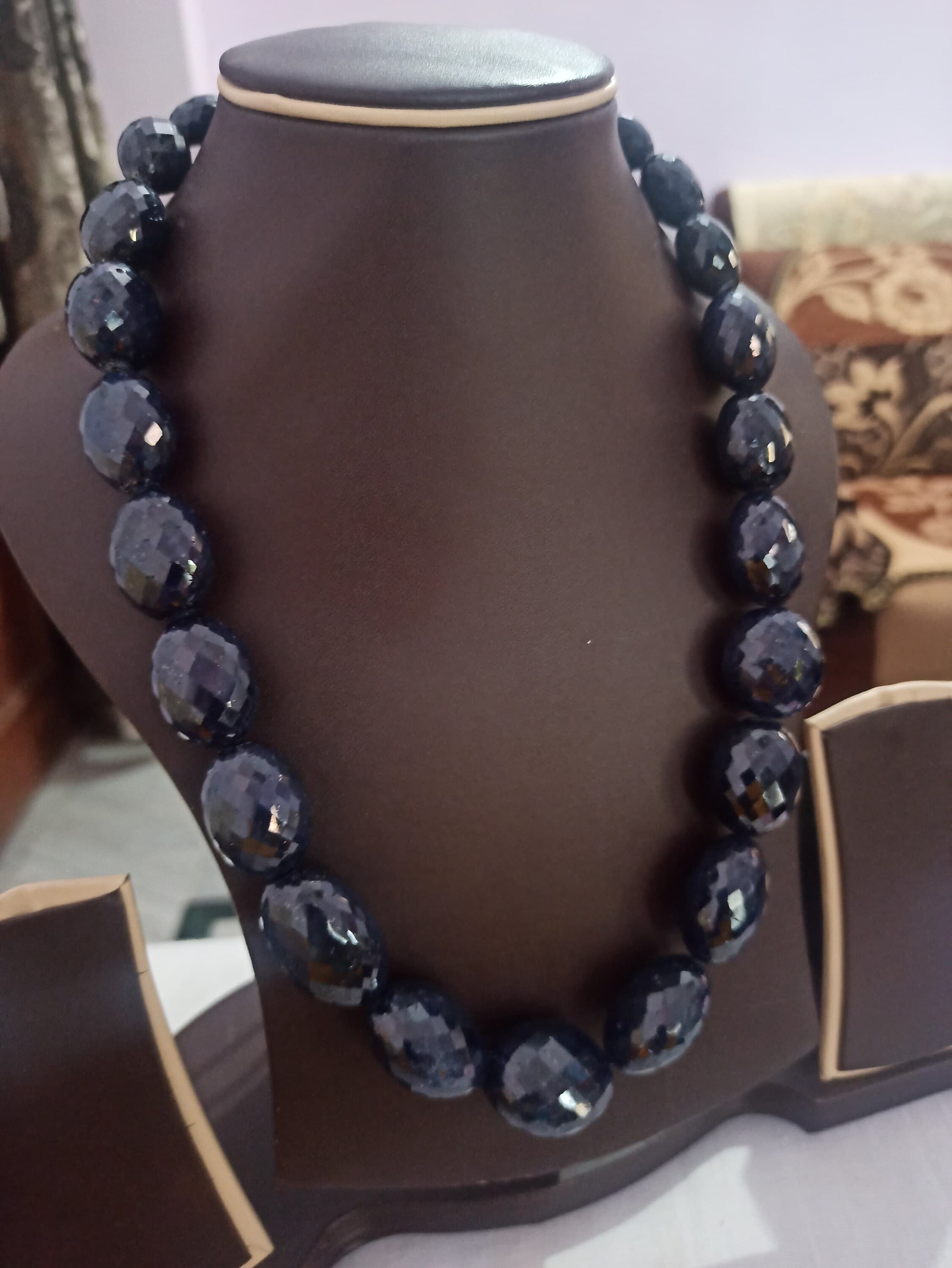 Dyed Blue Sapphire Faceted Oval Bead Necklace - 18'' Adjustable Cord - image 3
