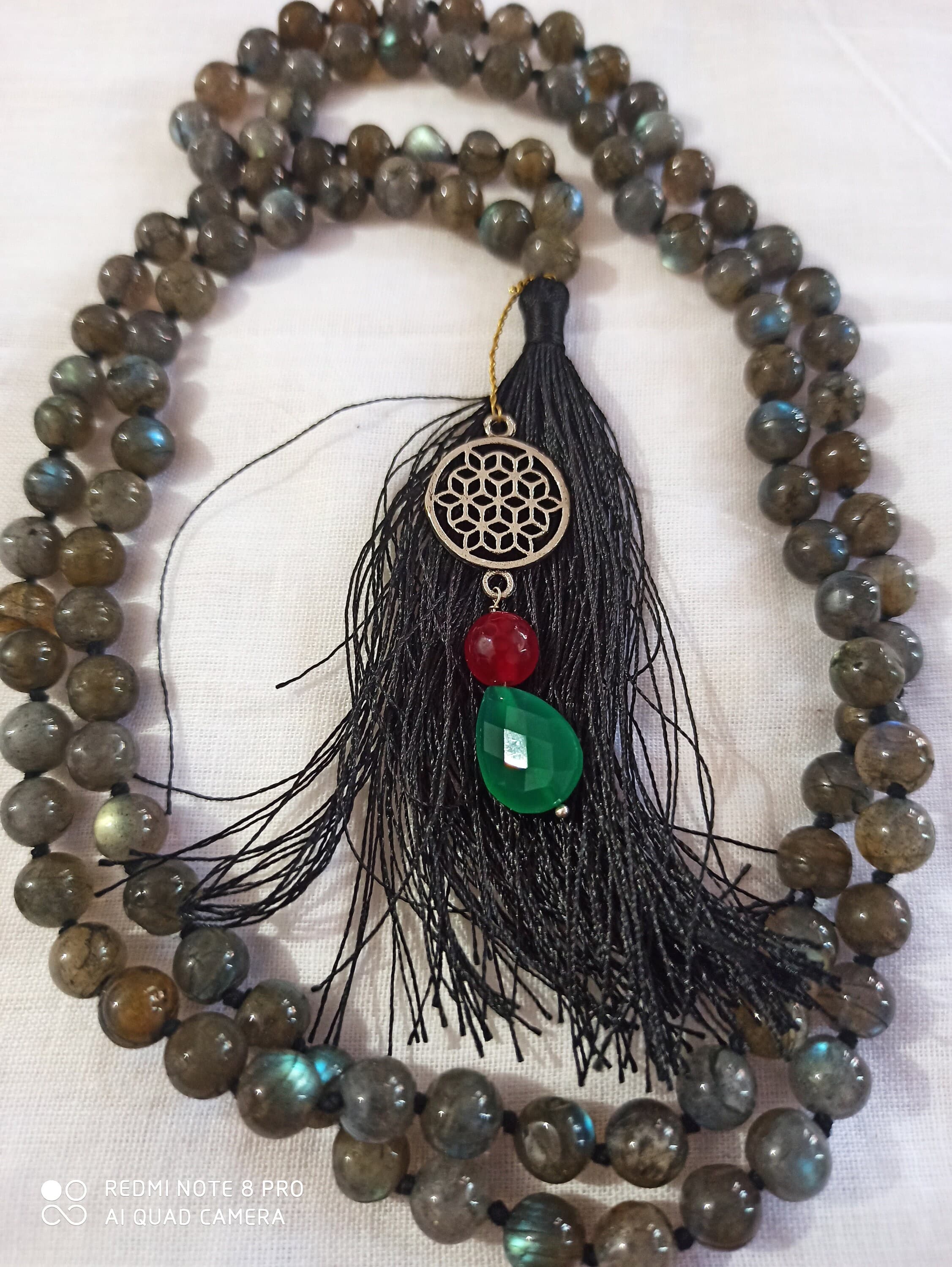 Labradorite Japa Mala Necklace: 108 Gemstone Prayer Beads with Silver & Gold Pendant - image 3