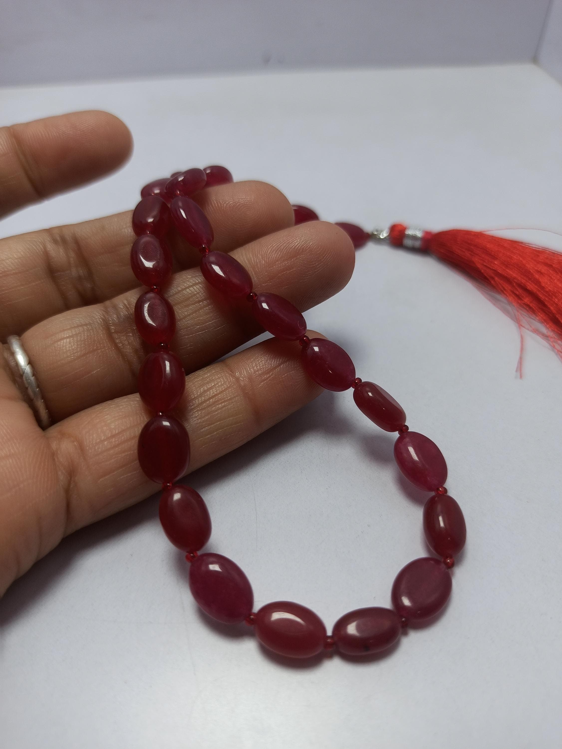 Ruby, Emerald Dyed Prayer Japa Mala Meditation Muslim Prayer Tasbih Smooth Oval Beads Gemstone - image 5