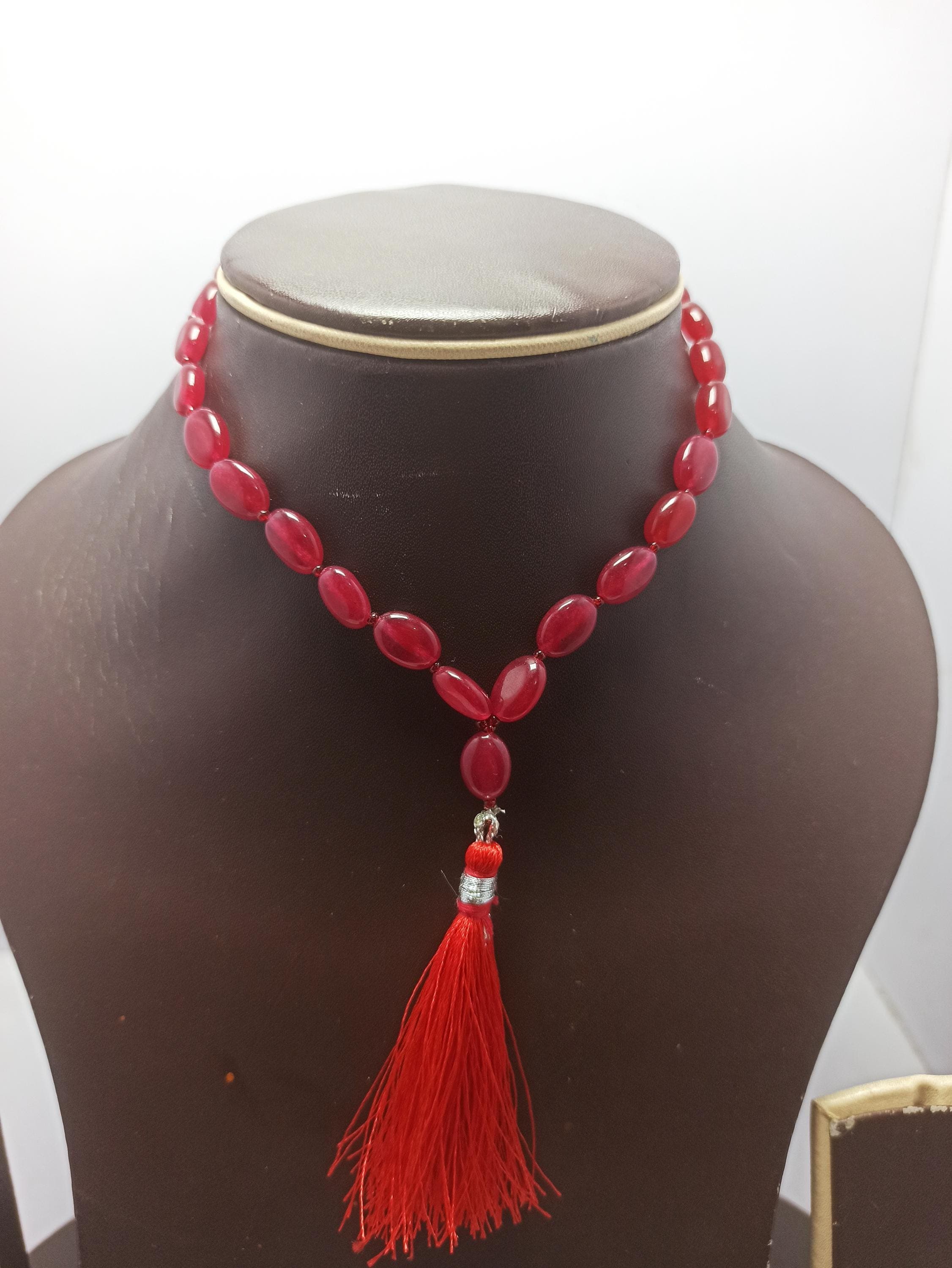 Ruby, Emerald Dyed Prayer Japa Mala Meditation Muslim Prayer Tasbih Smooth Oval Beads Gemstone - image 4