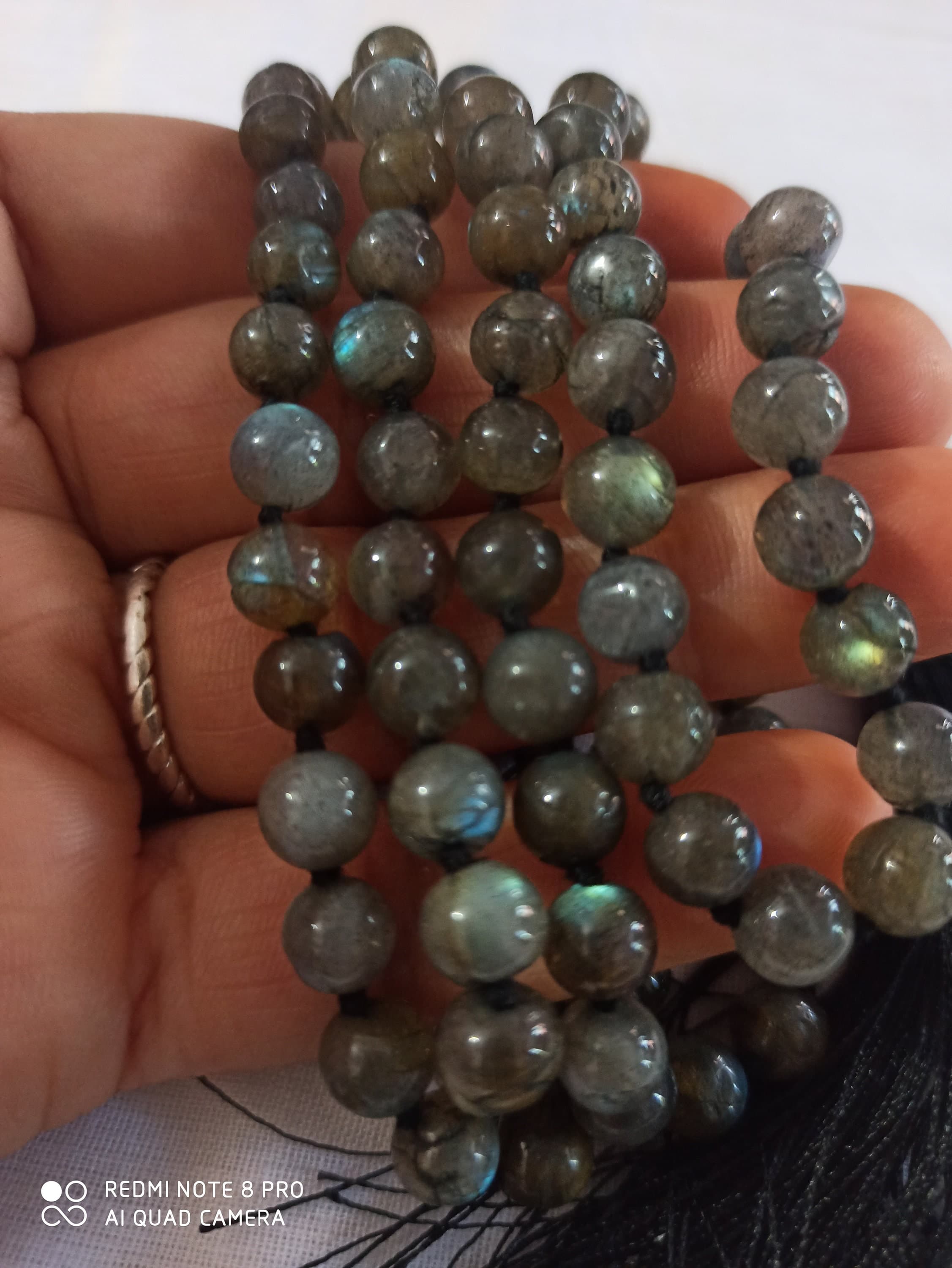 Labradorite Japa Mala Necklace: 108 Gemstone Prayer Beads with Silver & Gold Pendant - image 5