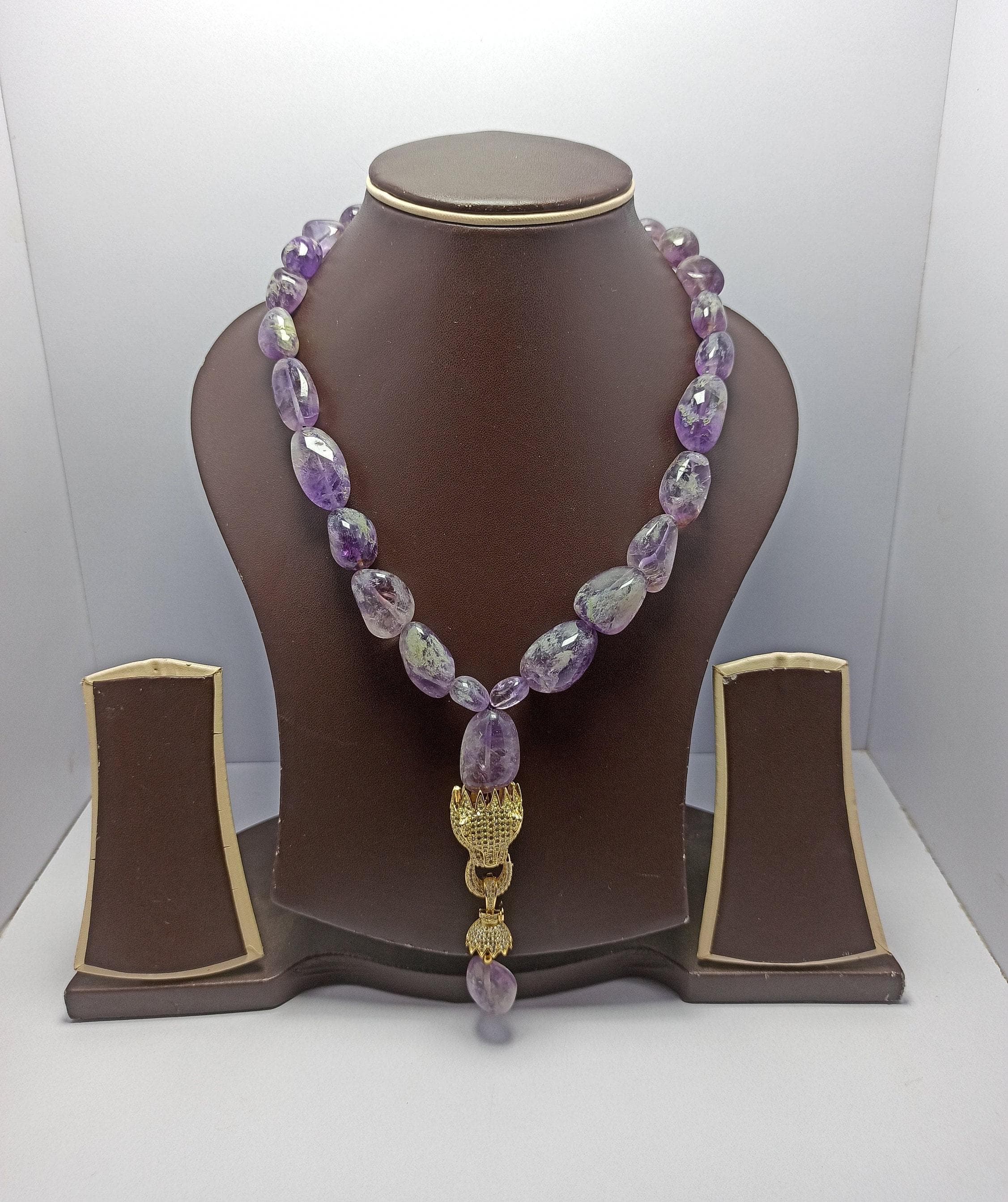 Natural Amethyst Tumble Necklace, 629 Carat Healing Gemstone Beads Gold-Plated Pendant, Handmade Jewelry