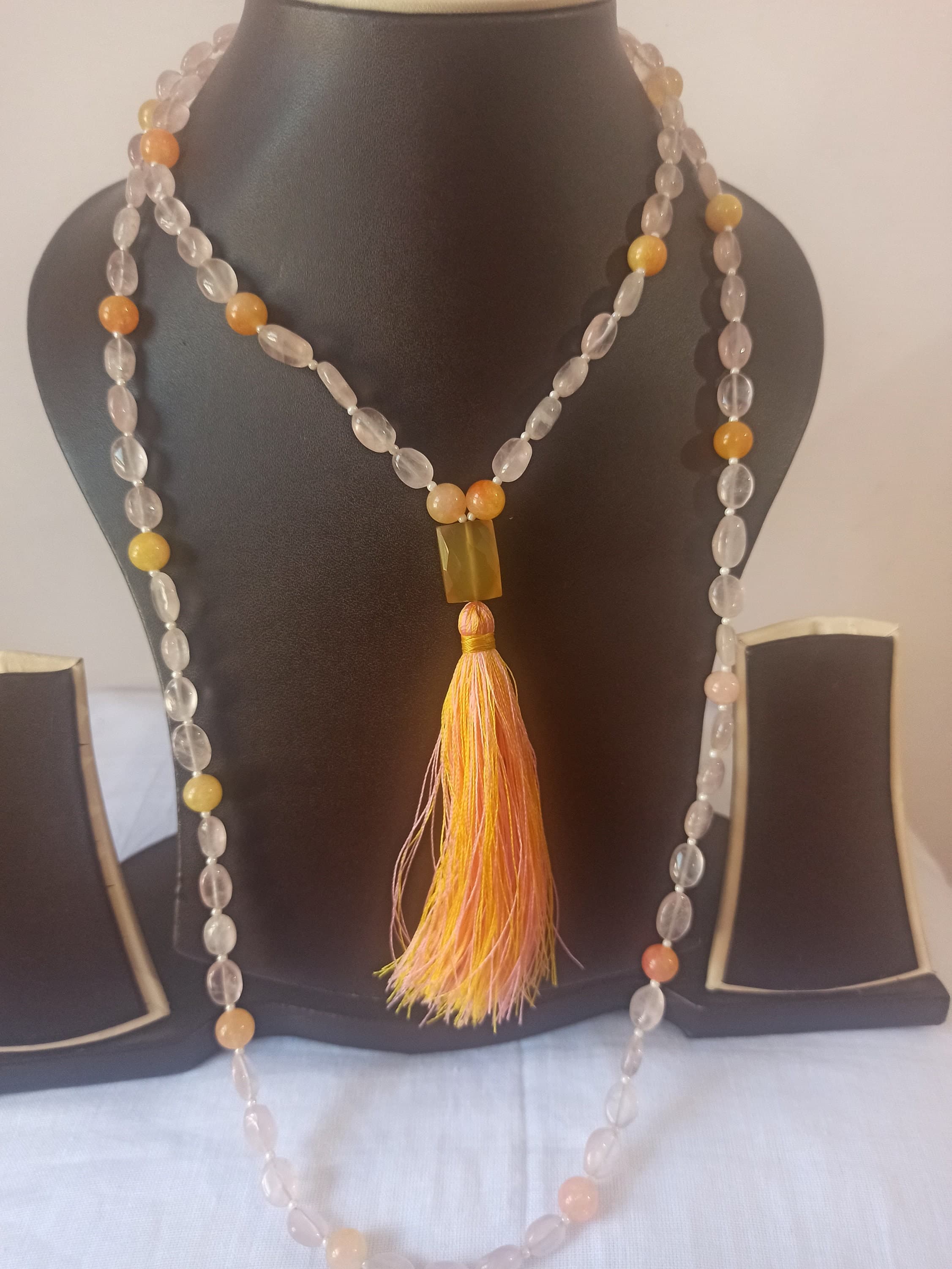 Natural Rose Quartz Japa Mala Prayer Beads 108 Oval Beads Necklace