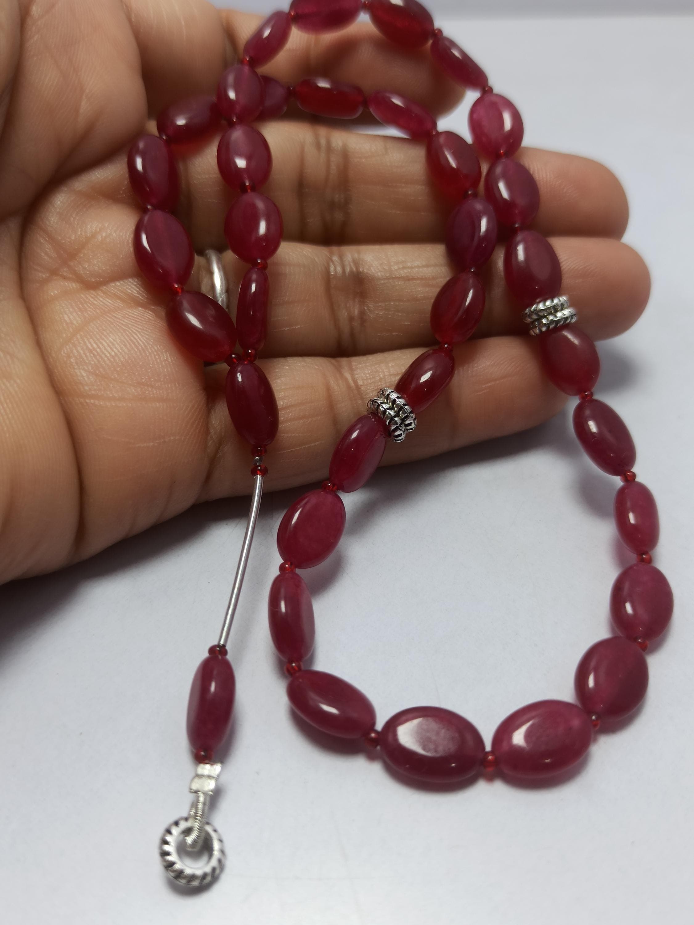 Ruby, Emerald Dyed Prayer Japa Mala Meditation Muslim Prayer Tasbih Smooth Oval Beads Gemstone - image 3